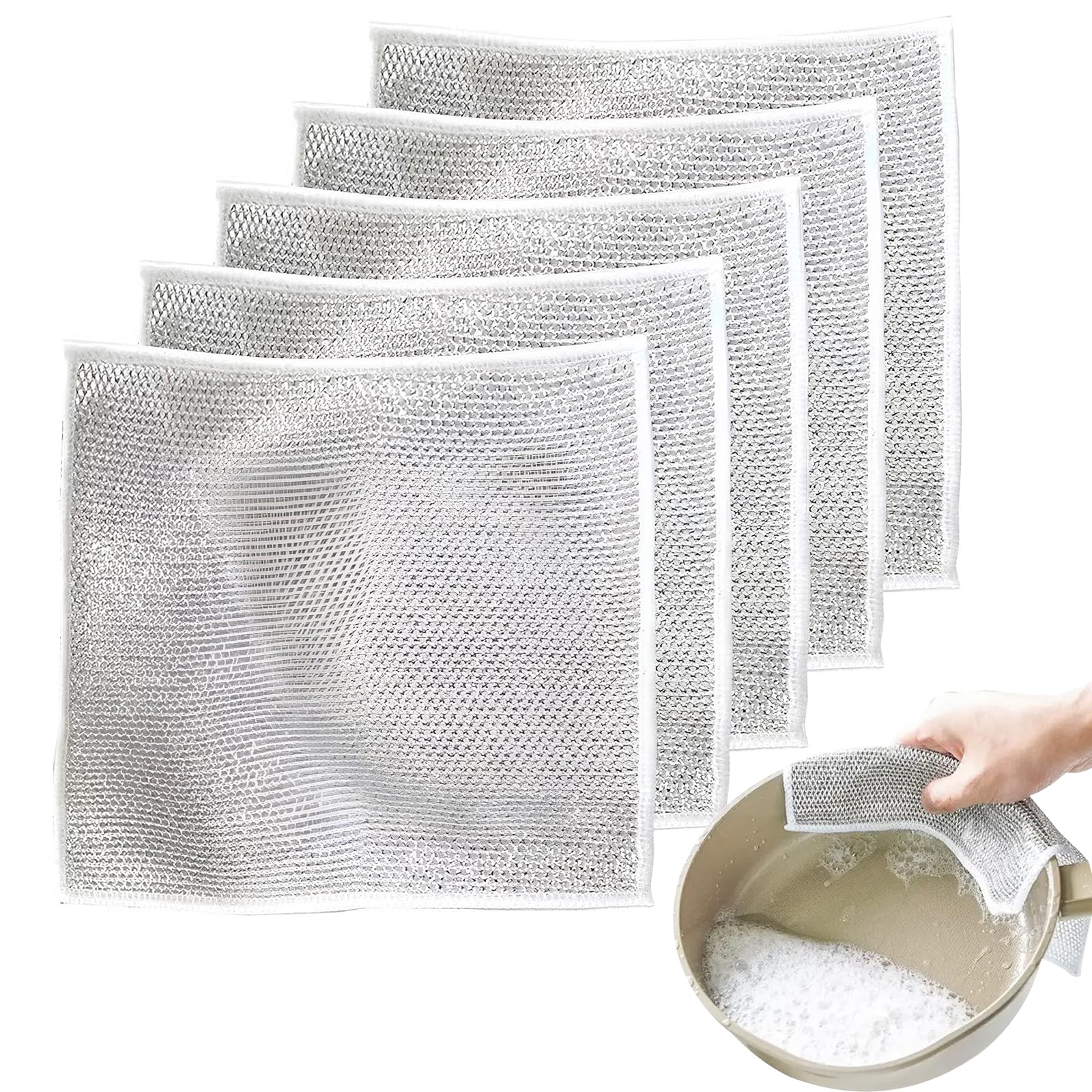 Fantasyon 5PCS Multipurpose Wire Dishwashing Rags for Wet and Dry, 20 * 20CM Double Layered Thickened Reusable Wire Cleaning Cloths Dish Cloths for Kitchen Cleaning