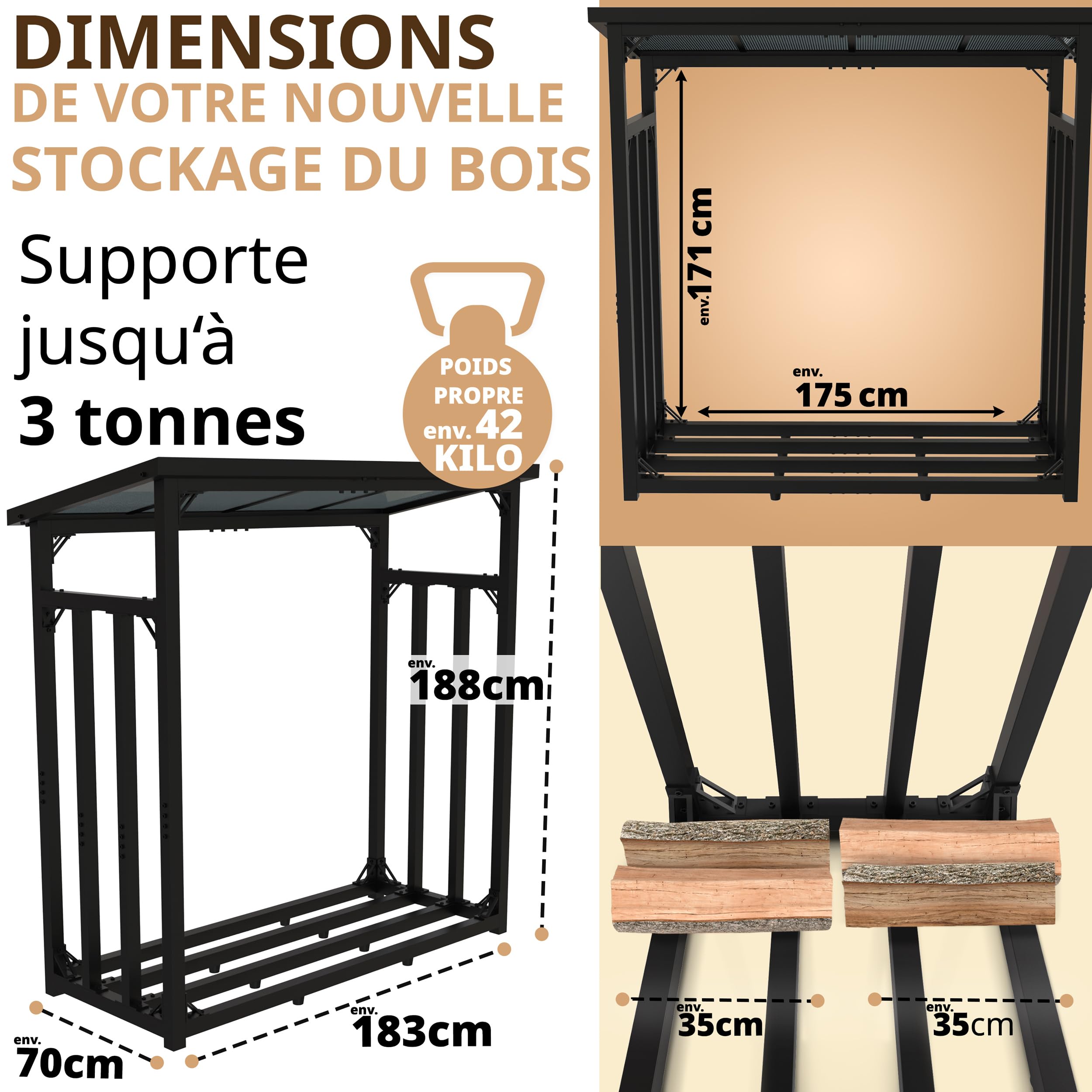 Range bûches extérieur avec Toit 188 x 70 x 188cm maximale 3t Stockage | 45kg, Métal galvanisé, Stockage de bois, Étagère de cheminée, Porte-bûches de chauffage