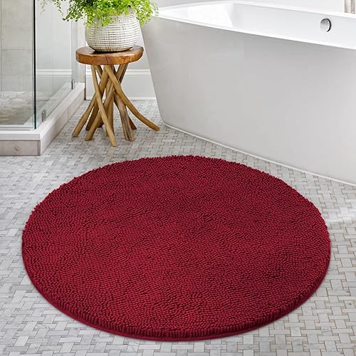 Miniatura 8 de HOMEIDEAS Alfombra de baño redonda, felpilla de lujo, extra suave y absorbente, antideslizante, lavable a máquina (rojo borgoña, 3 pies)