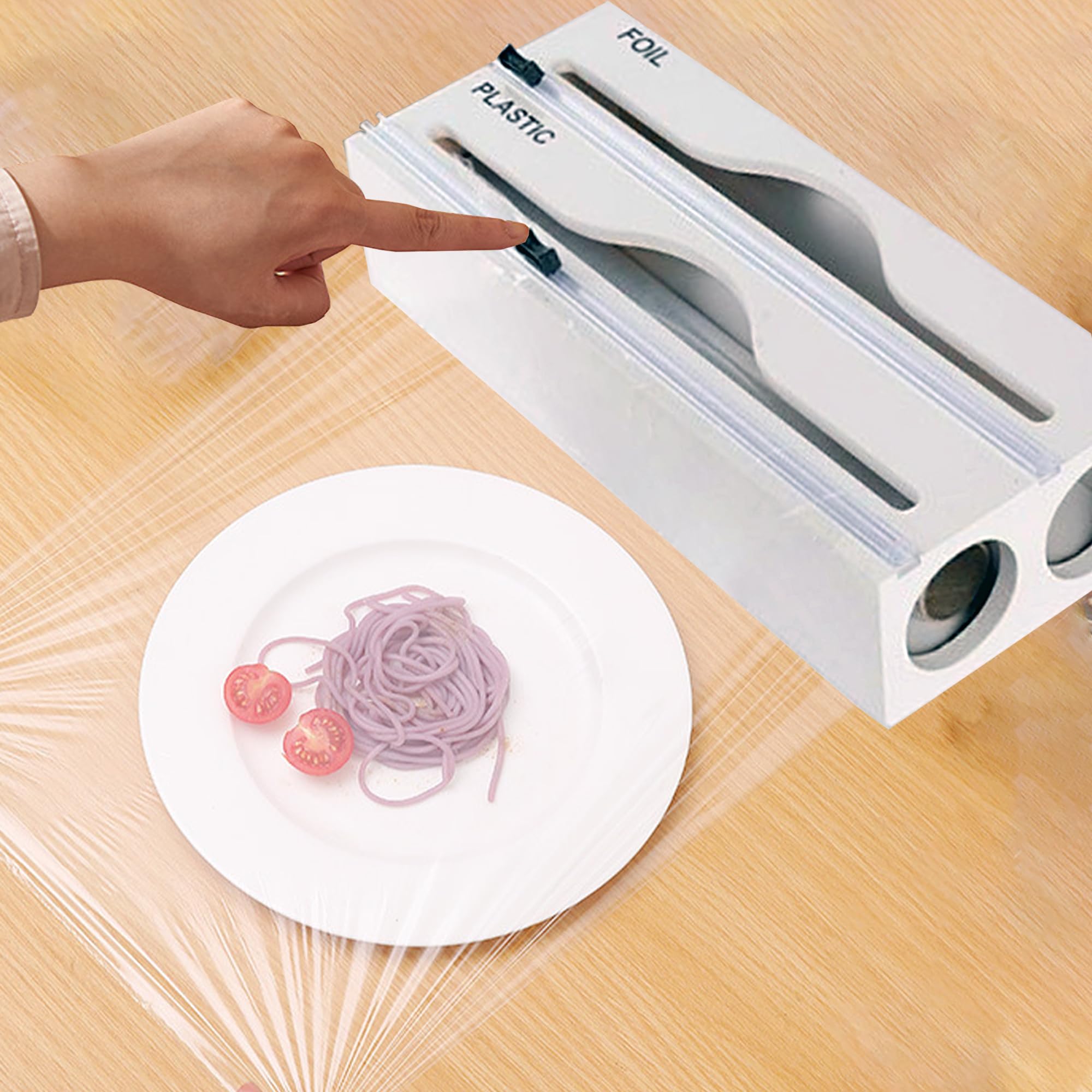 SUQ Wrap Dispenser-Cutter, napełniany dozownik folii cling, przyssawka do cięcia folii plastikowej Żywność Przezroczysta folia i folia do kuchni, restauracja (Dwuwarstwowy biały)