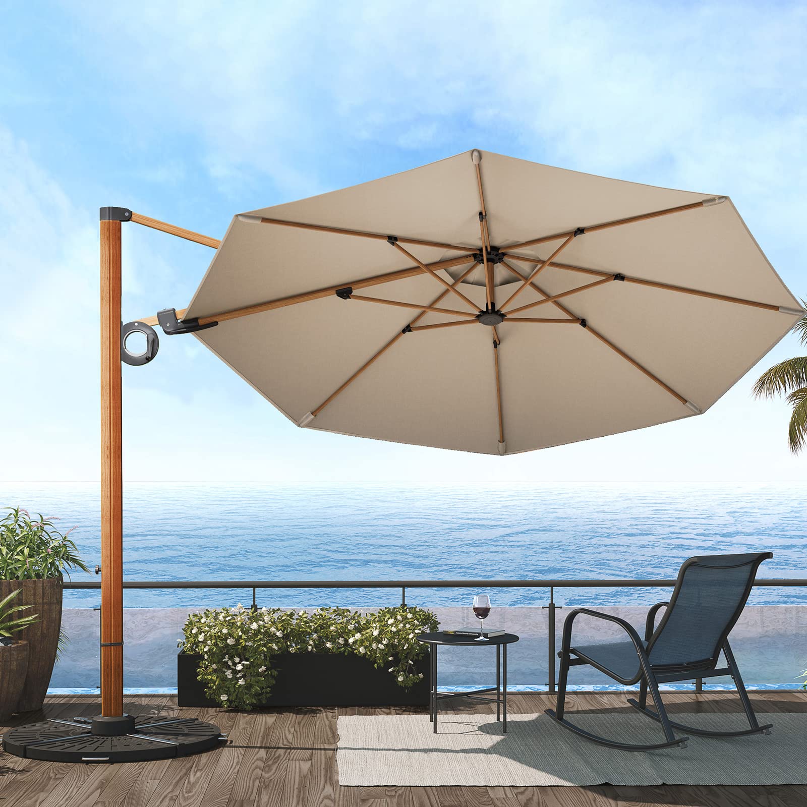 Grand patio Parasol de jardin de 3×3 m, parasol déporté à 8 nervures, parasol de jardin pour l'extérieur (champagne, rond)