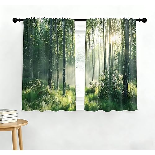 Forest Sunshine Kitchen Curtains 28W X 36L Inch 2 Panels Rod Pocket Small Short Cafe Curtain Window Drapes Treatment Bathroom Home Decor