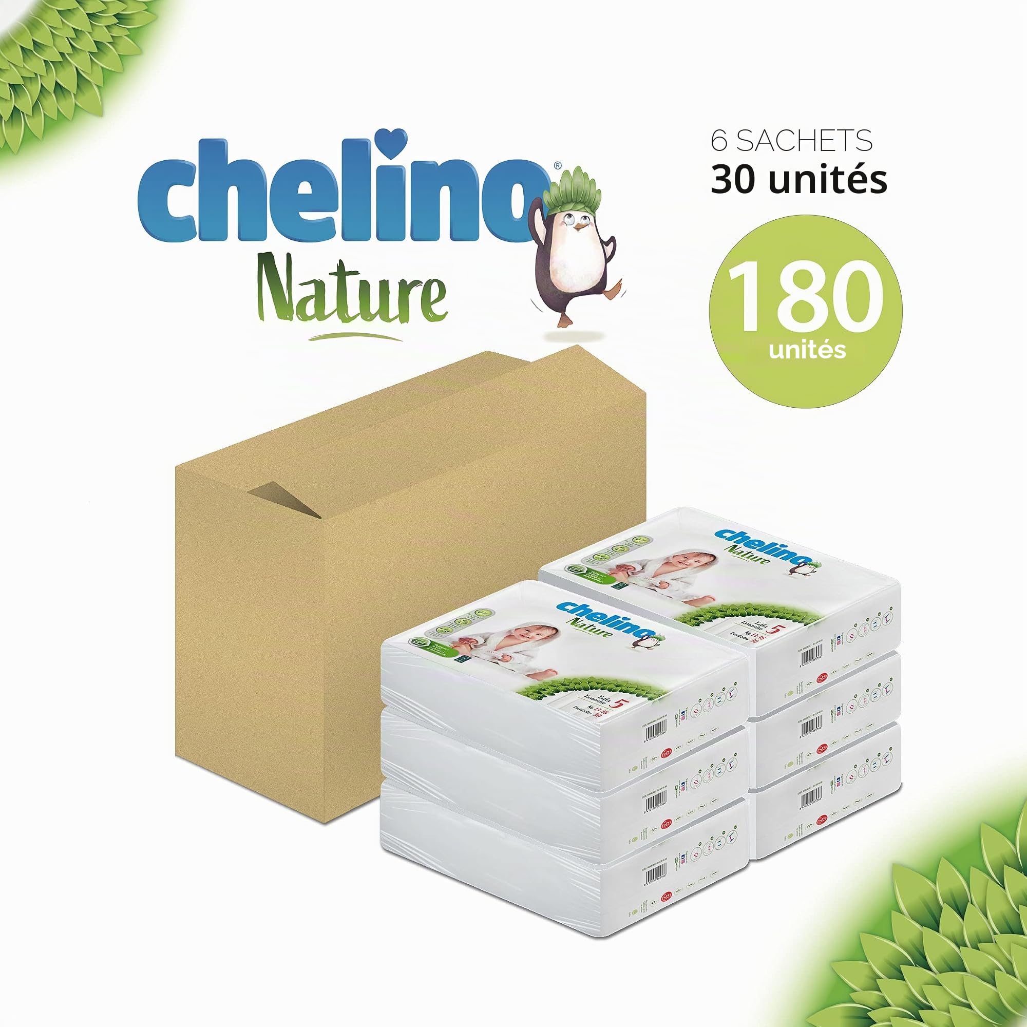 Chelino Nature Couche pour enfant Taille 5 (13-18 kg), 180 couches