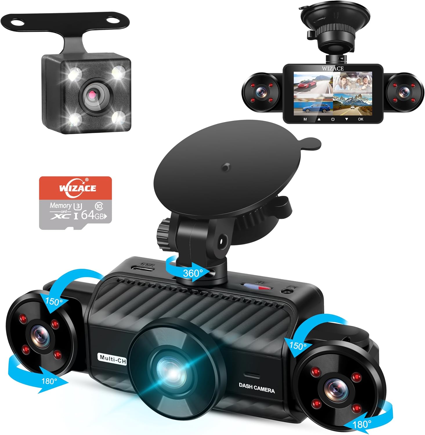 4 Channel Dash Cam 360° View 5G WiFi & APP Control, WIZACE 2K Front and Rear Inside, Left Right Dash Camera for Cars Free 64GB TF Card, G-Sensor, Night Vision, 24H Parking Mode