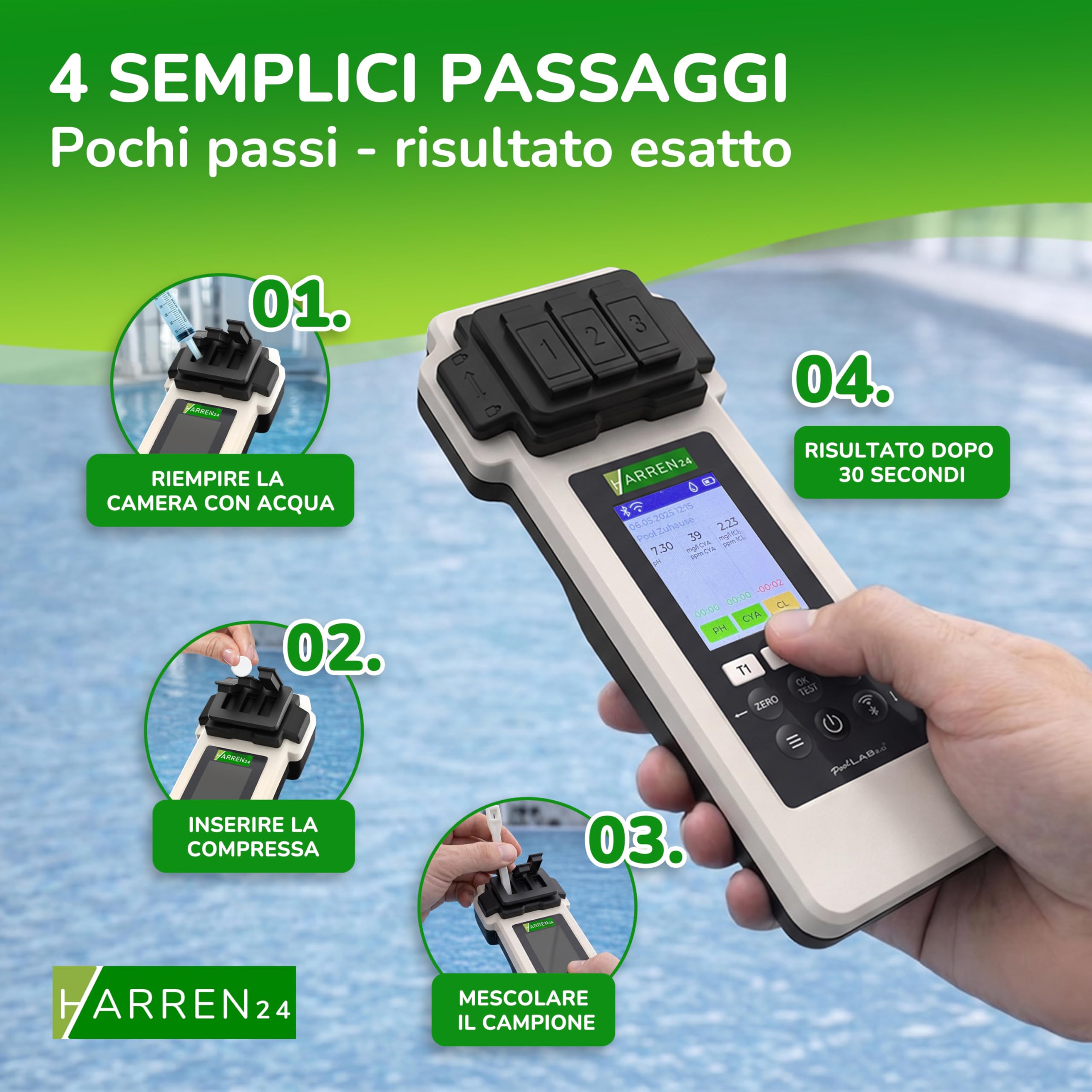 Poollab 2.0 Special Edition, tester elettronico per piscine (fotometro), tester per l'acqua della piscina, 170 compresse per test del pool per cloro, valore pH, rosso fenolo, accessori per
