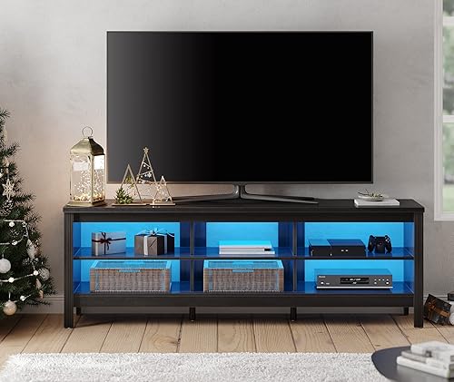 Miniatura 3 de WAMPAT Soporte de TV LED para TV de 75 pulgadas con luz LED de 16 colores, centro de entretenimiento negro para TV de más de 65 pulgadas, mesa