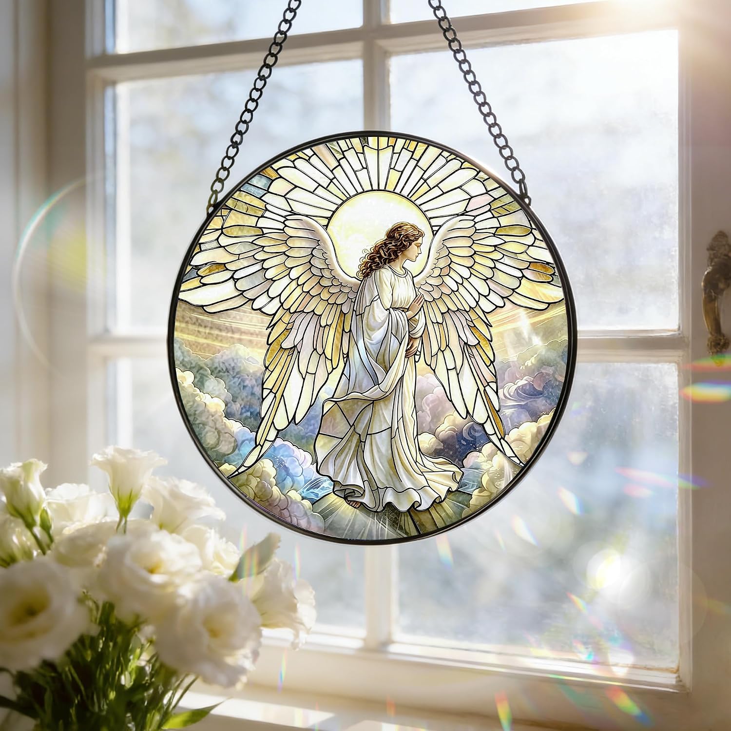 Stained Glass Window Hanging, 7.8 in Guardian Angel Stained Glass Suncatcher, Inspirational Faith & Hope Gift, Sympathy Décor, Christian Window Ornament, Religious Home Decor, Christian Religious Gift