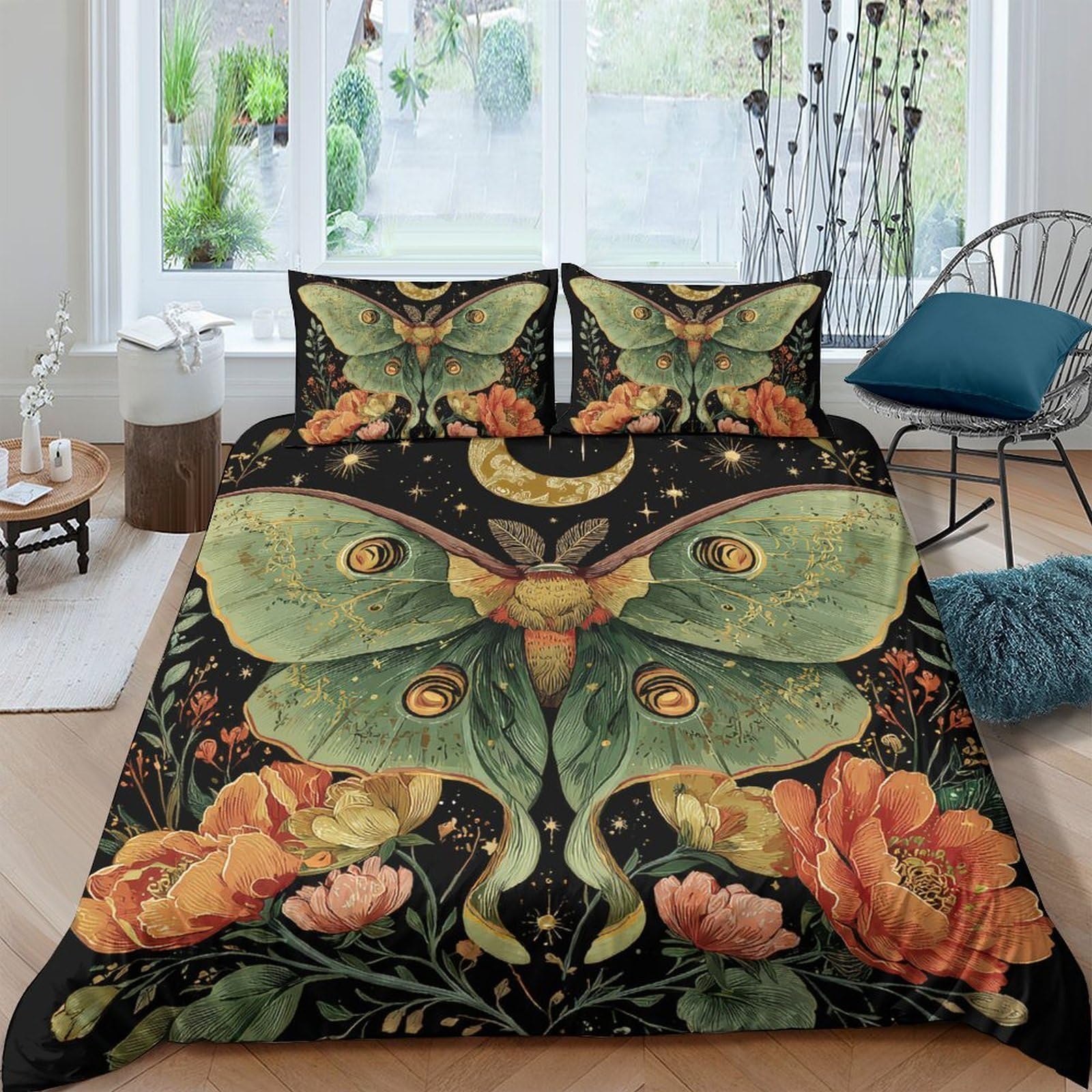 GPLZQXKJNH 3D Printed Luna Moth Botanical Duvet Cover Microfiber Soft Breathable Floral Bedding Set with 2 Pillowcases for Bedroom Decor Single（135x200cm）
