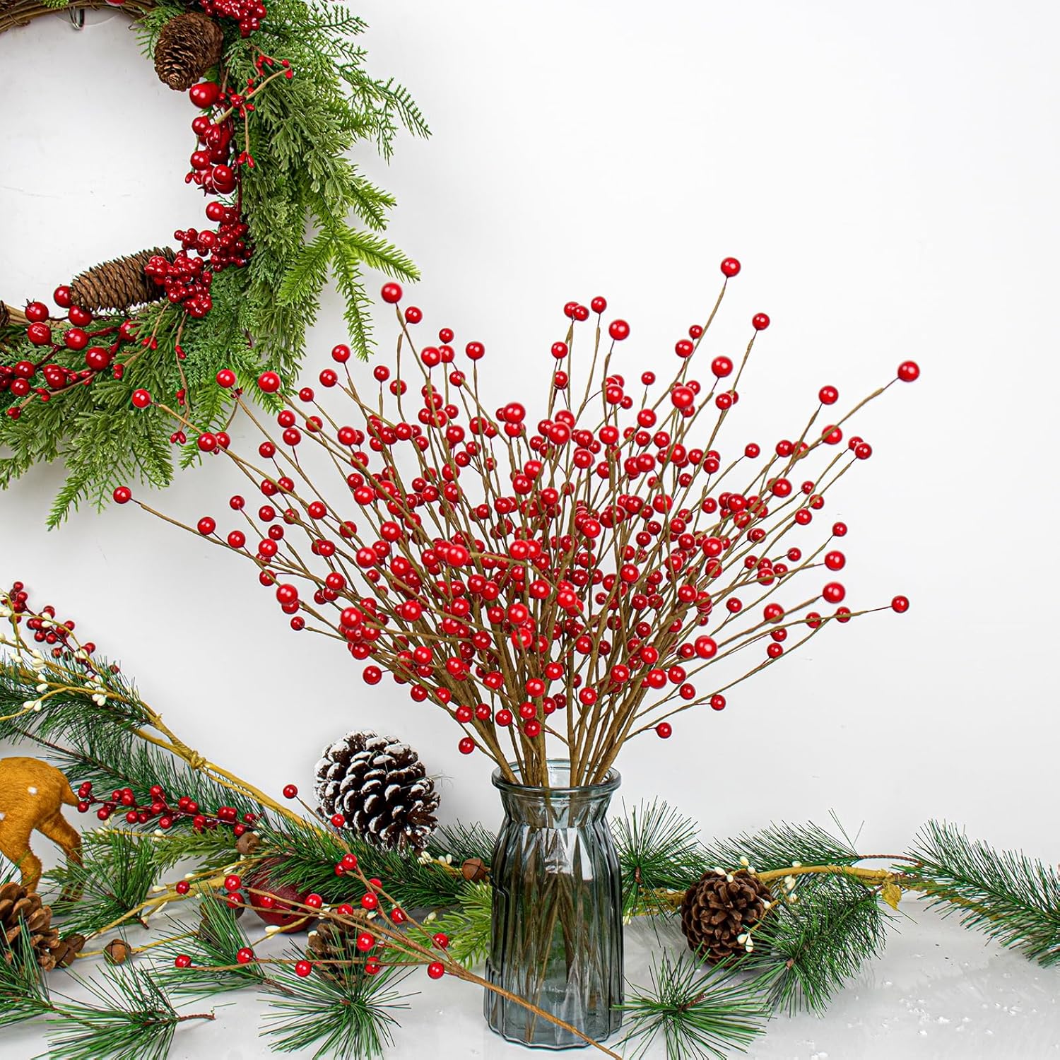 JINGHONG 24 Pack Christmas Tree Picks 17 Inch Red Berry Picks Artificial Holly Berry Stems for Xmas Tree Centerpieces Vases Floral Arrangements Winter Holidays