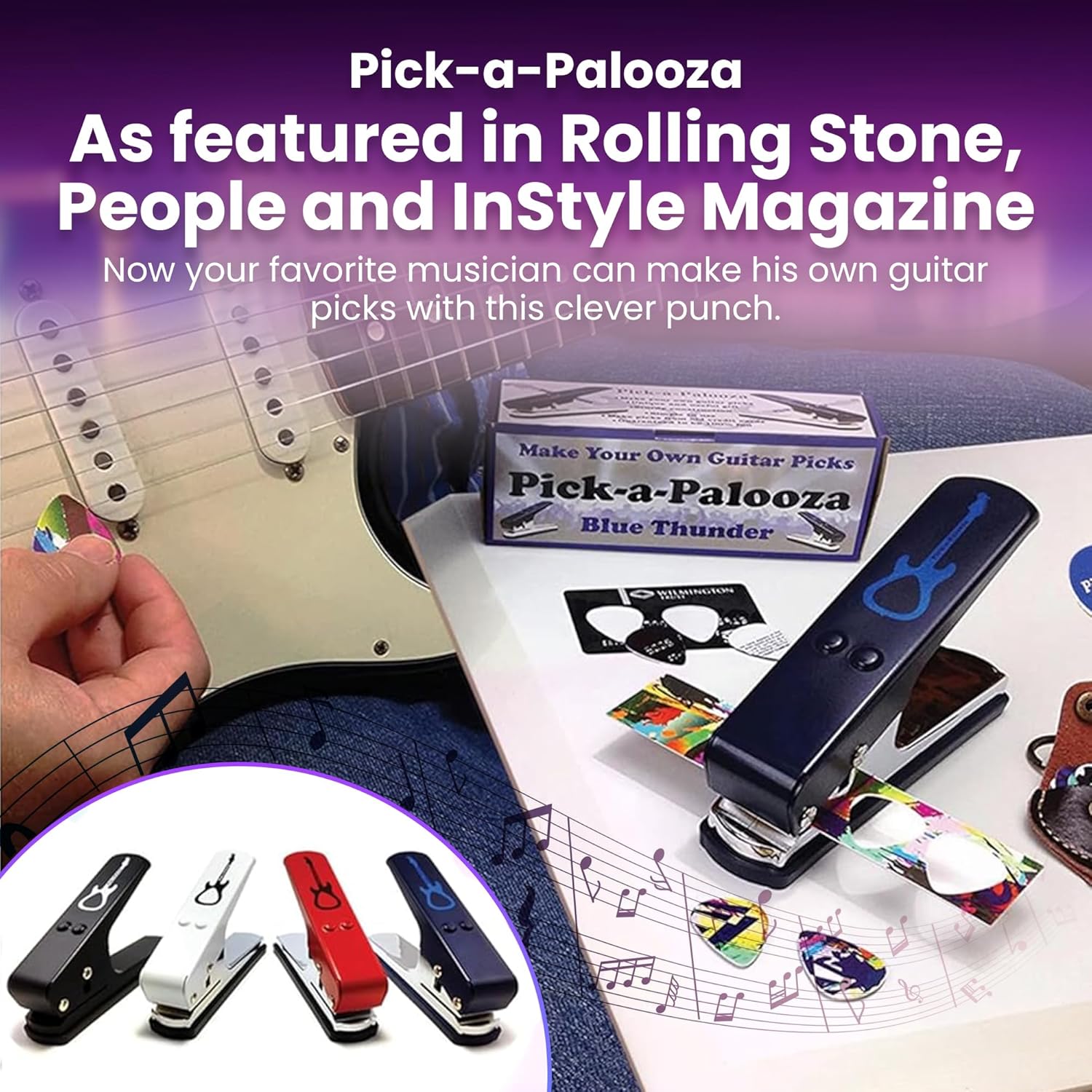 DIY Guitar Pick Punch Gift Pack - Premium Pick-Maker with Leather Key Chain Holder, 4 Strips and a File - Red