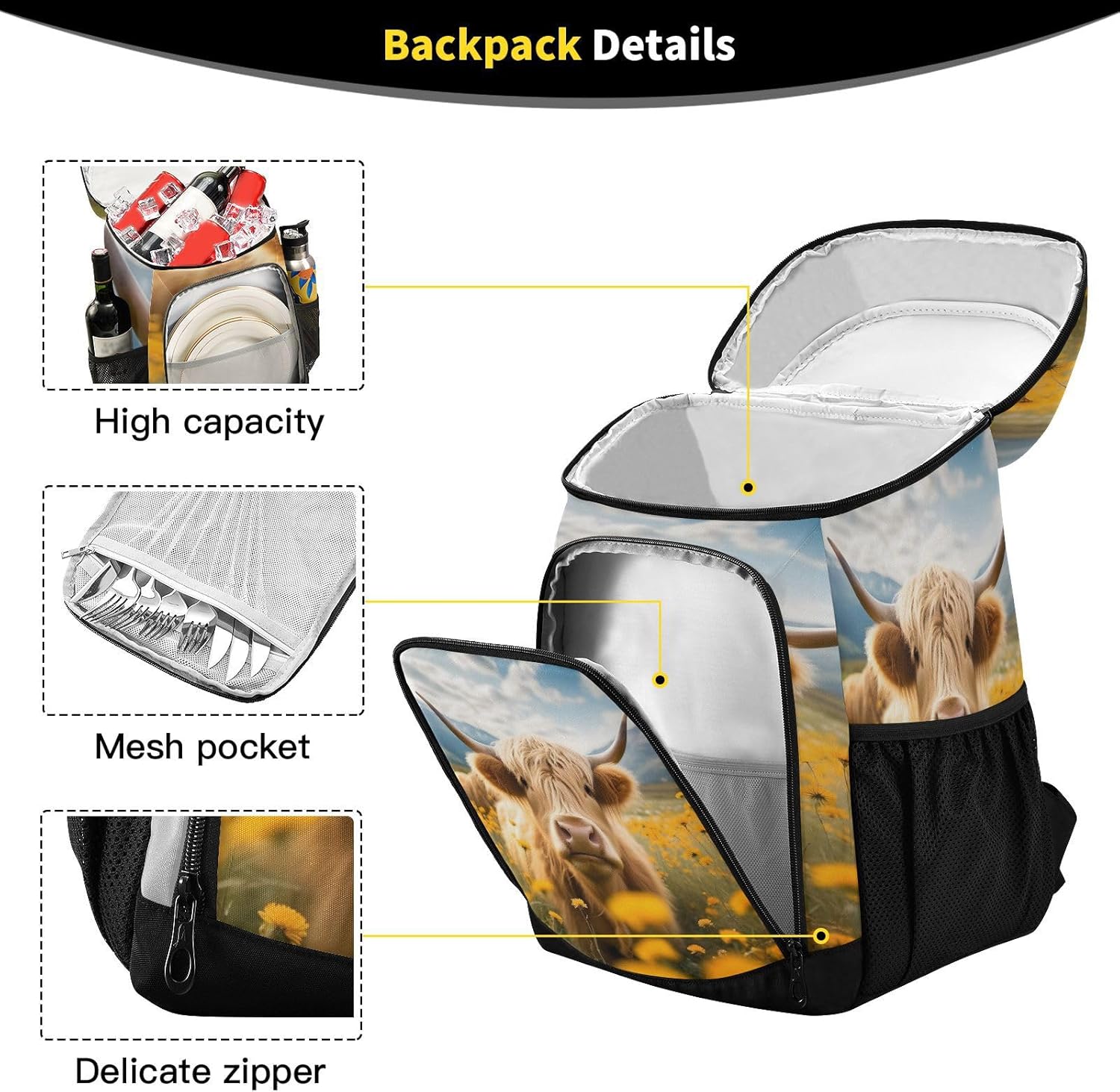 Highland Cattle Cow Yellow Daisy Flower Field Cooler Backpack Insulated Waterproof Leak Proof Beach Cooler Bag Lightweight Lunch Picnic Camping Backpack Cooler for Men and Women
