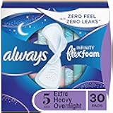 Always Infinity Feminine Pads for Women, Flexfoam Pads with Wings, Size 5, Extra Heavy Overnight Absorbency, Unscented, 30 Count