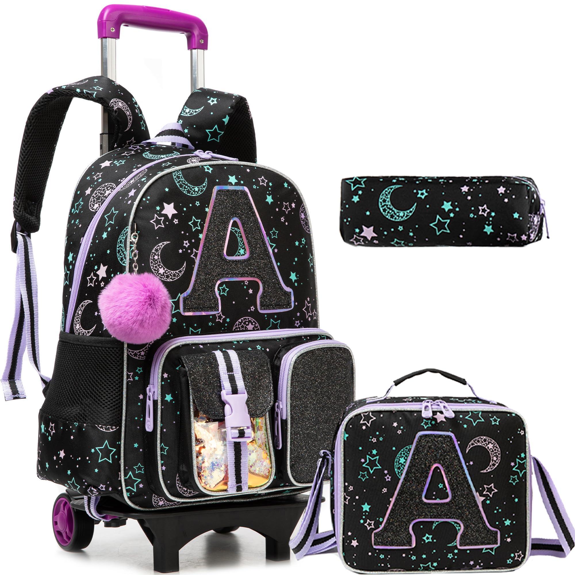 HTgroce Cute Rolling Backpack with Wheel,School Backpack for Kids Girl Roller Schoolbag Wheeled Backpacks Set Carry-on Luggage,Black A