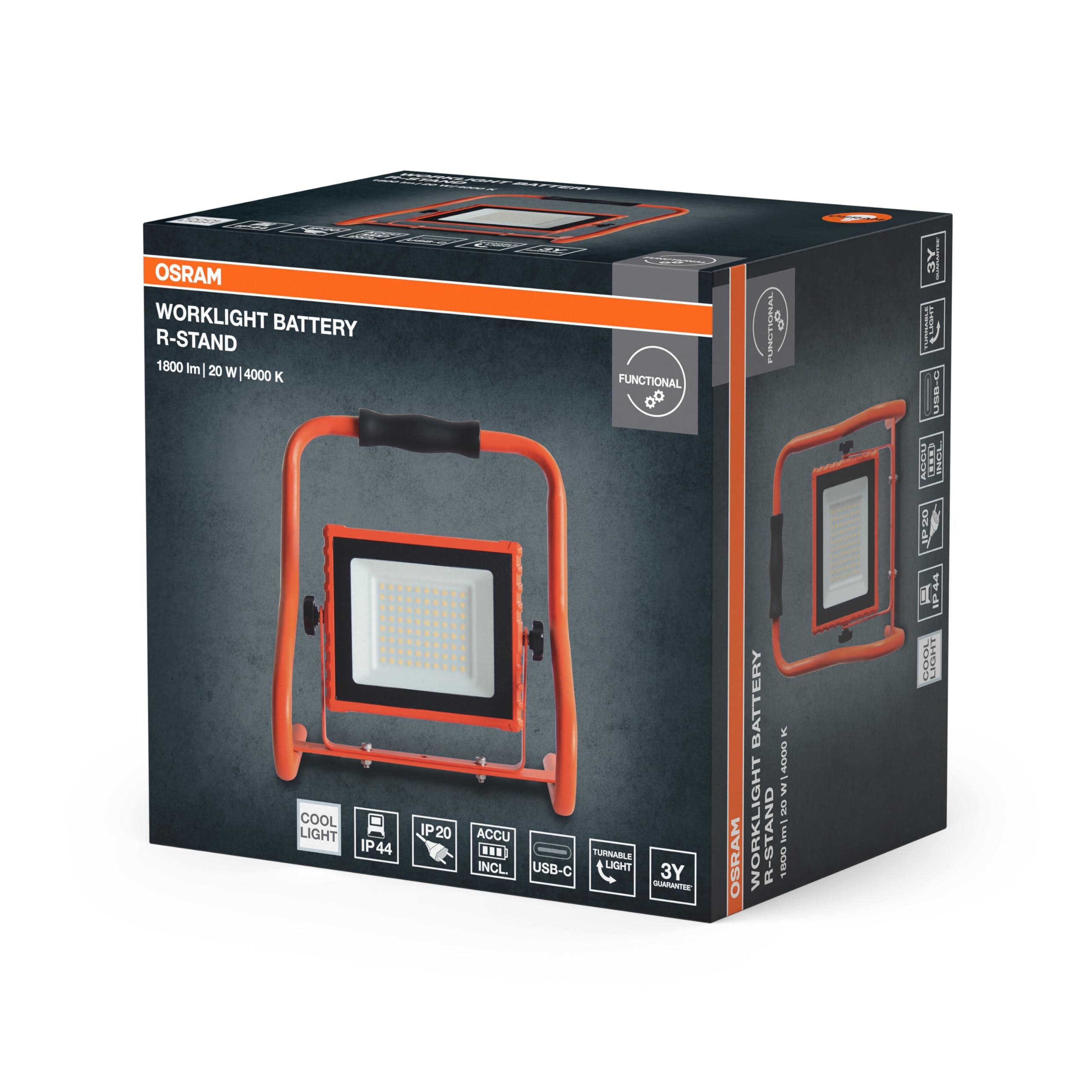 OSRAM Lampa robocza zasilana akumulatorem R-Stand 20W 4000K w kolorze pomarańczowym z obudową aluminiową, stopień ochrony IP44, do renowacji, piwnic i garaży