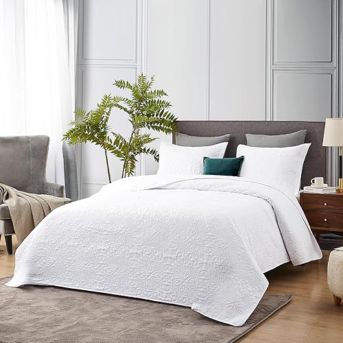 Vista 10 de Hansleep - Edredón blanco tamaño Queen – Colcha barroca ultrasónica para todas las estaciones, juego de ropa de cama suave y ligero, 3 piezas