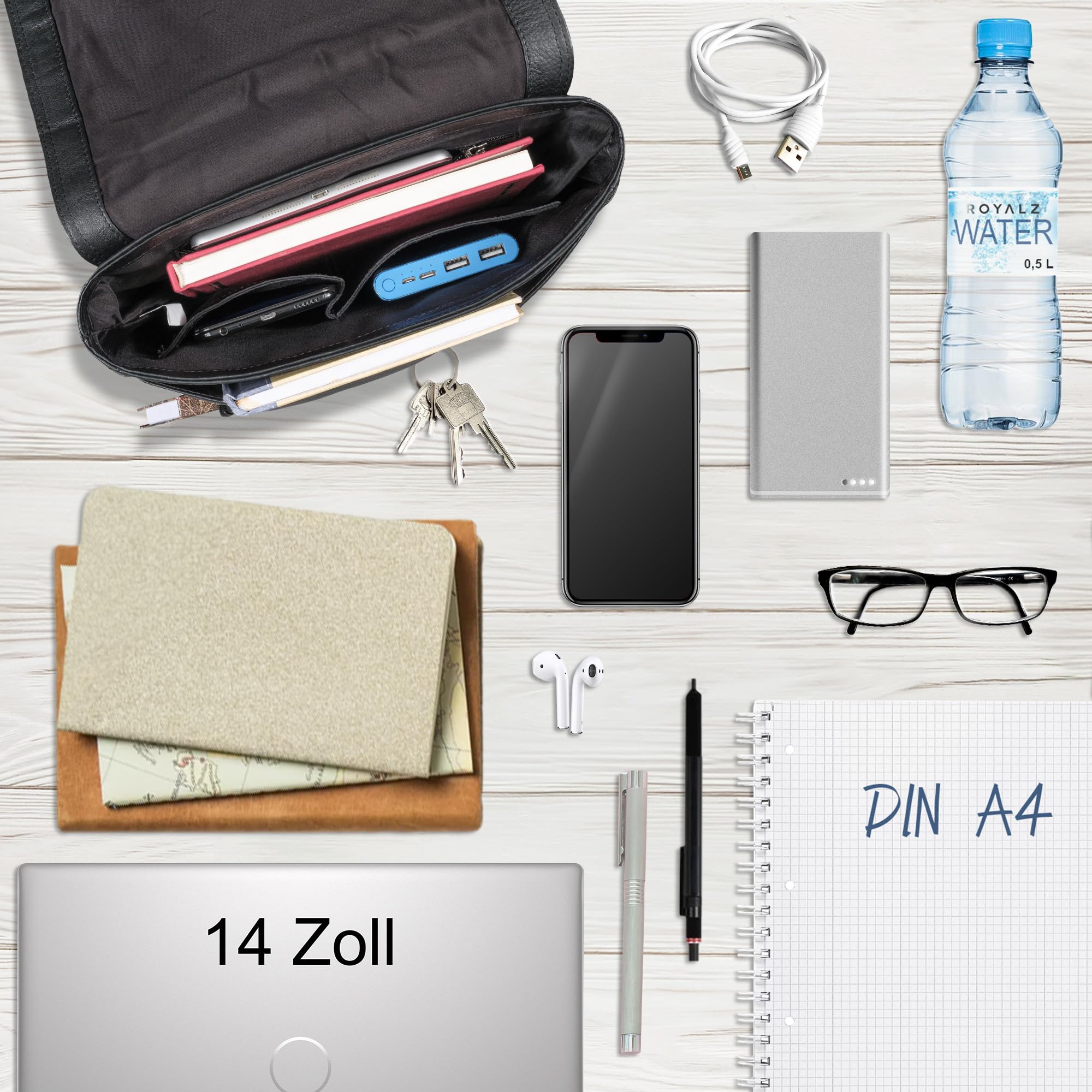 ROYALZ Herren Umhängetasche Leder Schultertasche Kansas Vintage Ledertasche 13-14 Zoll Laptop-Tasche Echtleder Mittel-groß DIN A4 Messenger Bag für Männer