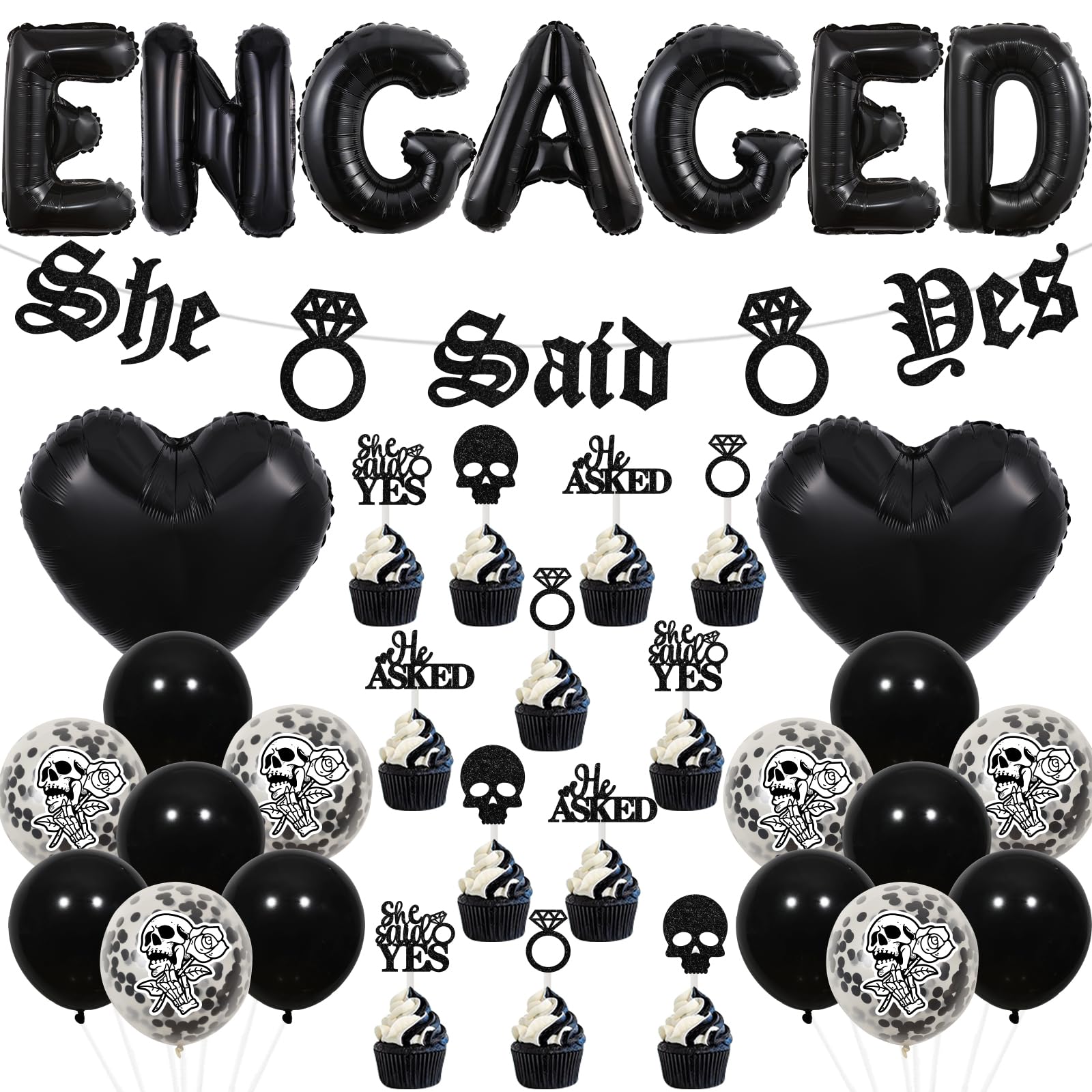 Cheereveal Gothic Engagement Party Decorations Black, Engaged Balloons, He Asked She Said Yes Banner Skull Diamond Ring Cupcake Toppers, Black Gothic Hen Party Wedding Bridal Shower Party Supplies