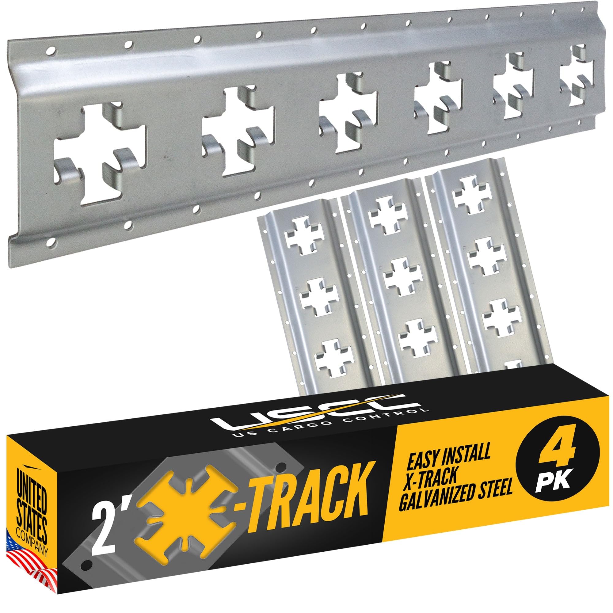 US Cargo Control X Track Rails (4-Pack), 2 FT Galvanized X-Track Rail for Trailers, Pickup Trucks, Garages, and Sheds - Use with E-Track Straps for Vertical and Horizontal Alignment