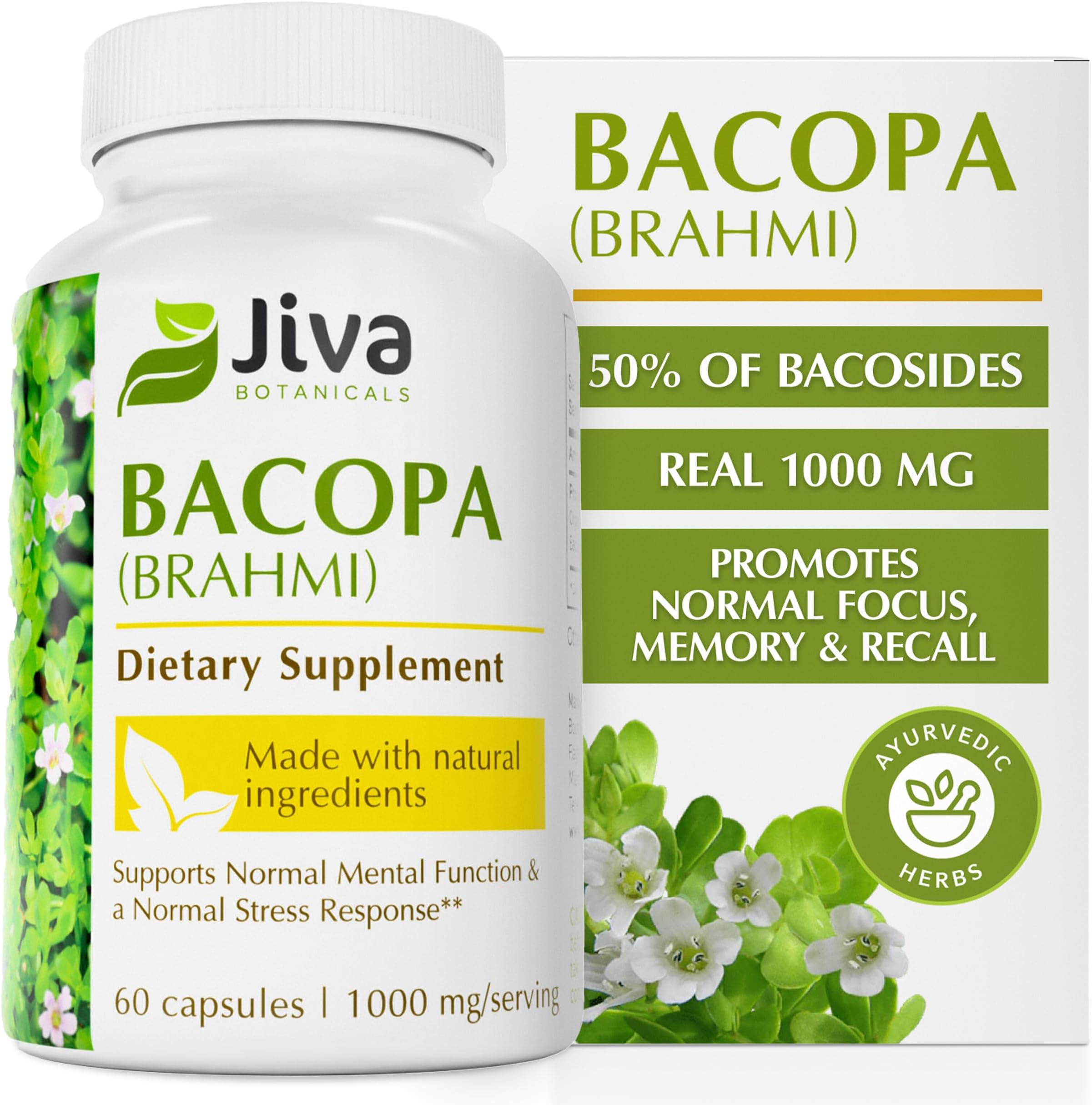 Jiva Botanicals Bacopa Monnieri Supplement Pure 1000mg per Serving - High Potency Bacopa Monnieri (Brahmi) & Extract for Normal Brain, Focus, & Memory Support - Ayurvedic Herbs - 60 Capsules