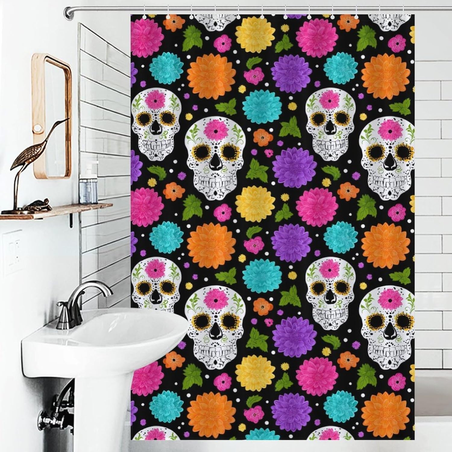 Colourful Skull Flowers Shower Curtain 46.85x70.87Inch（119x180cm） Polyester Bath Curtain Shower Curtains Printed Decorative
