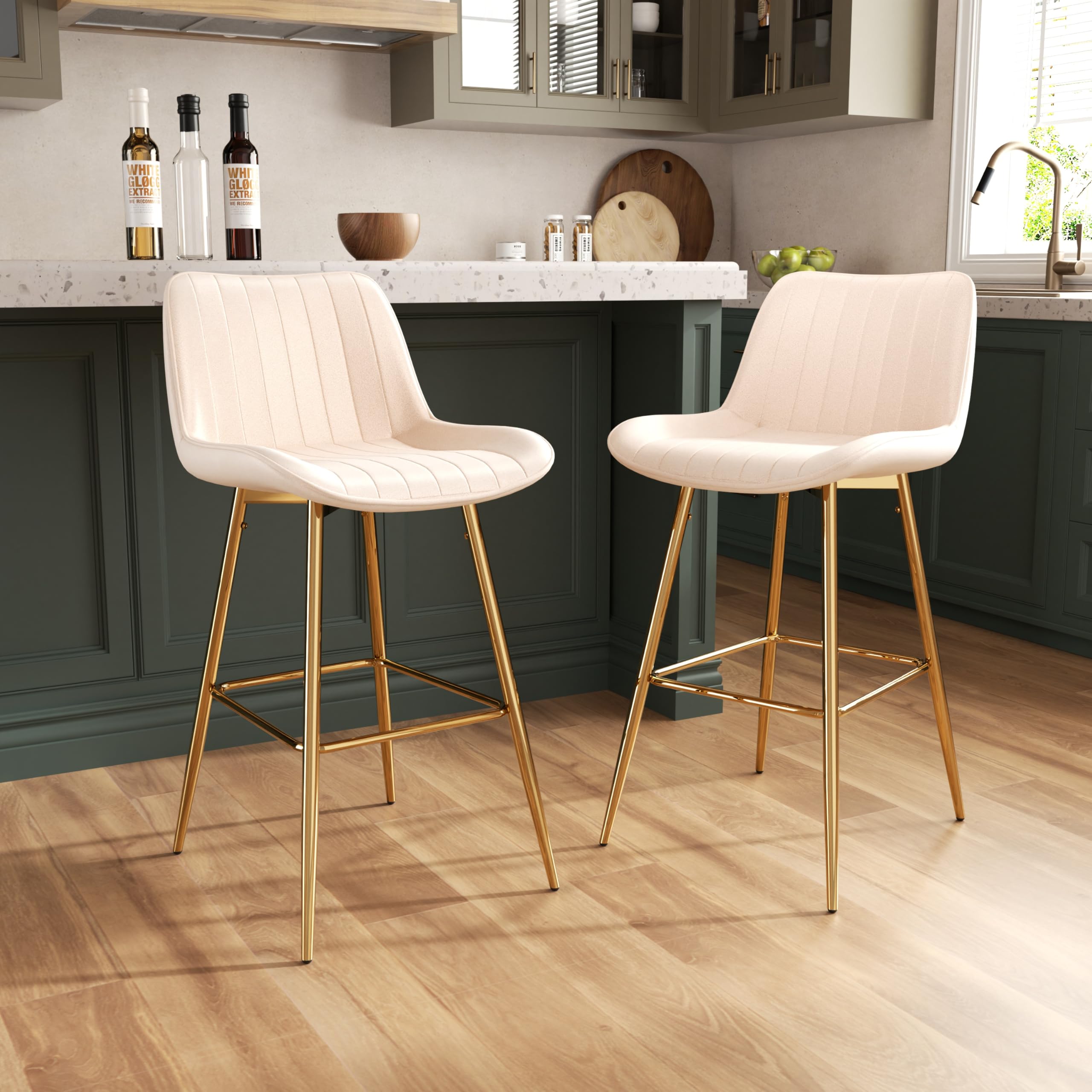 SIZOTA Bar Stools Set of 2, 26 Inch Velvet Counter Height Stools with Backrest, Modern Gold Legs Barstools for Kitchen Island, Dining Room, Bar, Beige