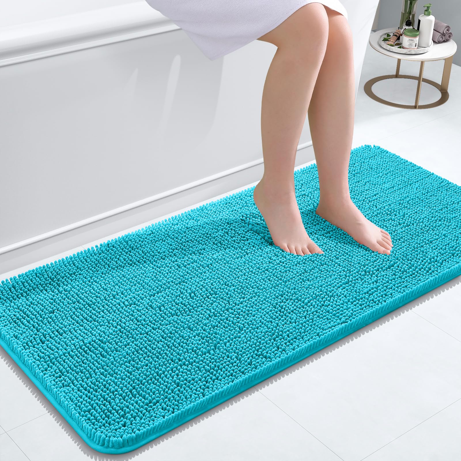 OLANLY Bathroom Runner Rugs 47x20, Extra Soft Absorbent Chenille Bath Rugs | Aqua Sky, Quick-Drying Rubber Backing, Washable Long Bath Mat for Bathroom Floor, Tub and Shower, Home Decor Accessories