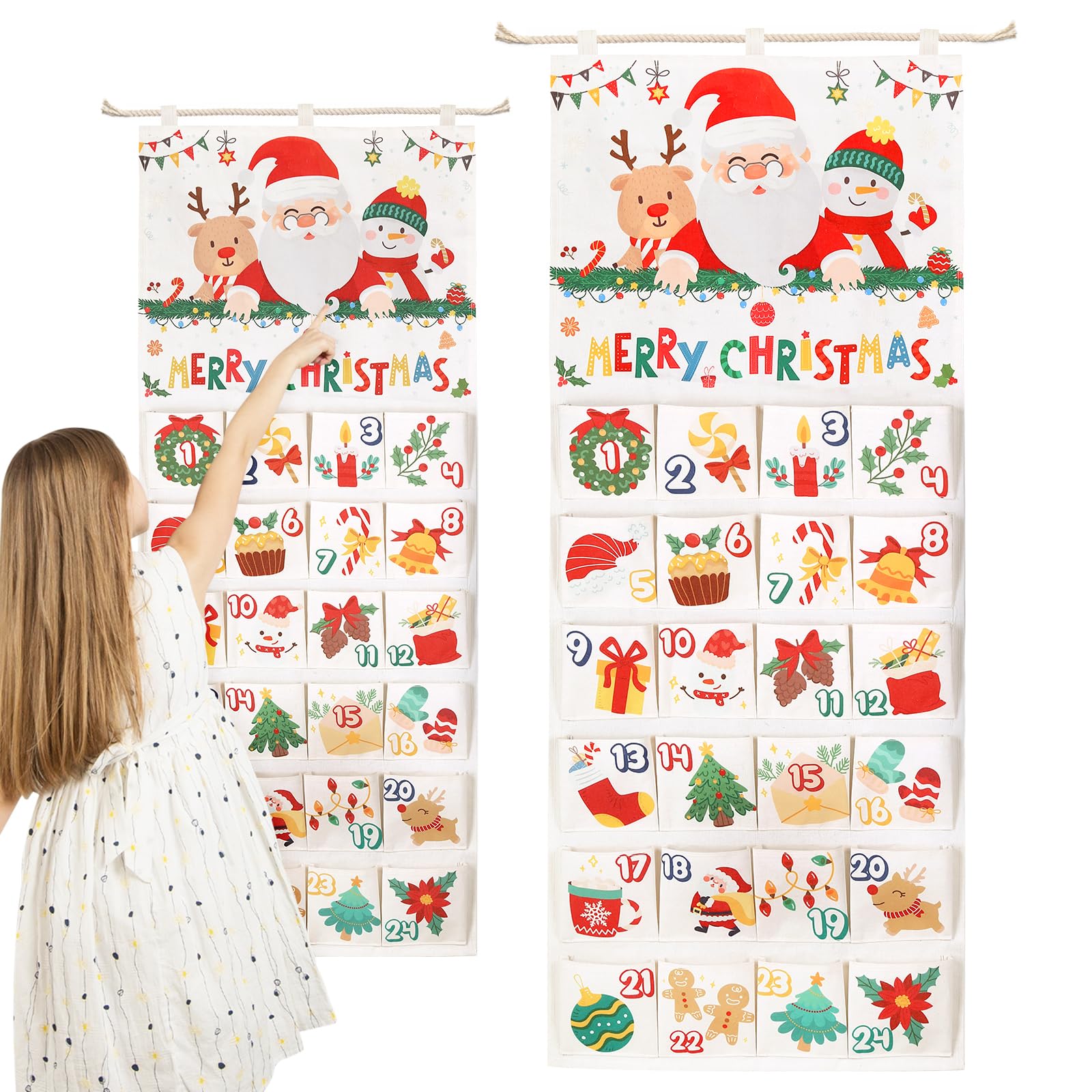 Naler Calendario dell'avvento 2025 in tessuto con 24 tasche, 50,8 x 119,4 cm, calendario dell'Avvento da appendere, calendario dell'Avvento vuoto da riempire, borsa riutilizzabile da appendere alla