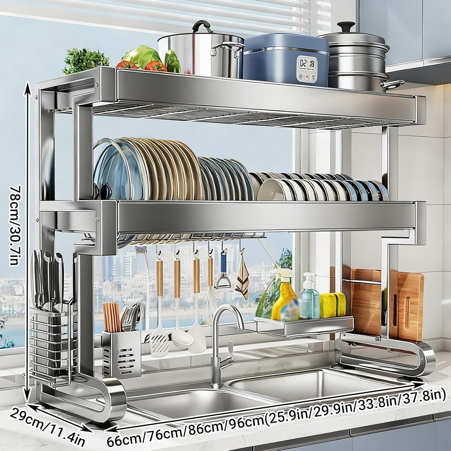 Escurridor de platos, organizador de cocina de acero inoxidable de 2 niveles para platos, vasos, cuencos y cubiertos