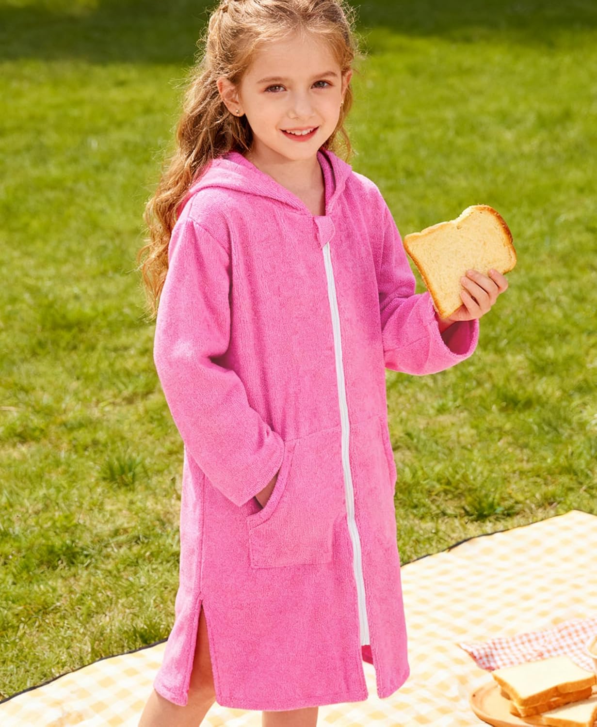 MissShorthair Hooded Towel Robe for Kid, Zipper Beach Cover Up, Swim Changing Robe for Boy, Girls Bath Towelling Poncho