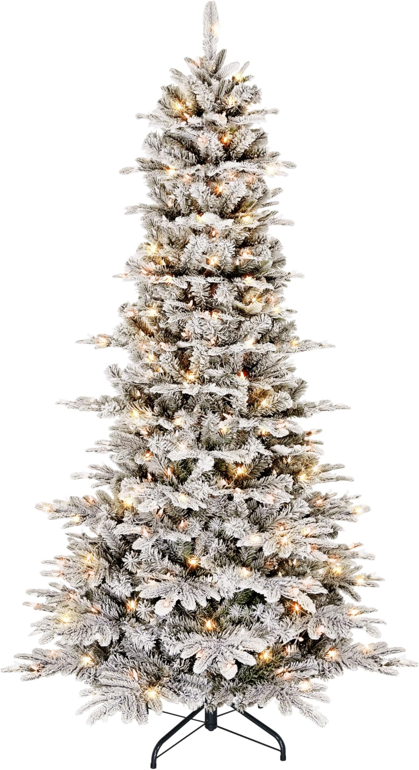 Puleo International 6.5ft Pre-Lit Slim Flocked Aspen Fir Christmas Tree with 350 Clear Lights, 760 Realistic Dense Snow Flocked Branch Tips, Easy Setup Artificial Trees with Sturdy Metal Stand