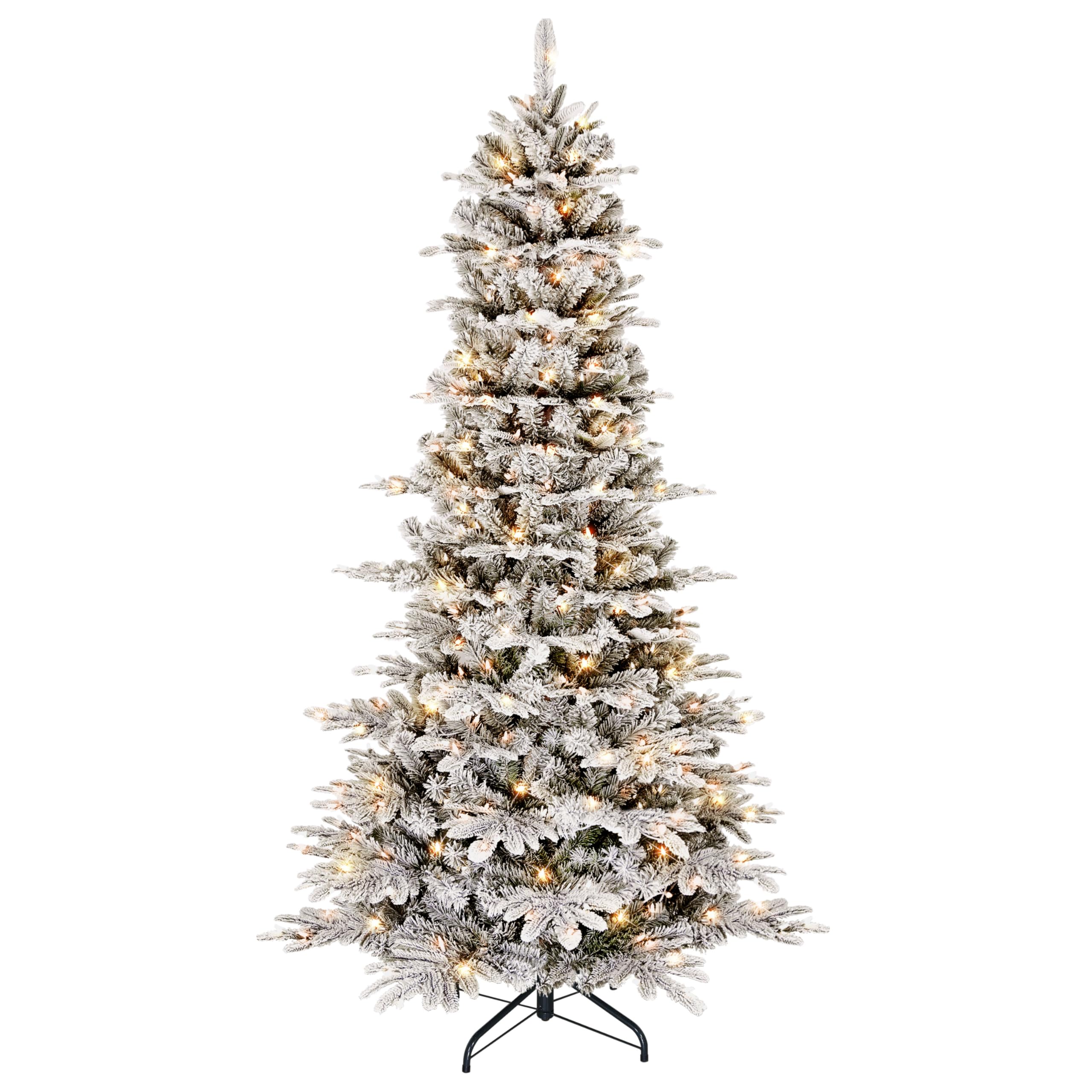 Puleo International 6.5ft Pre-Lit Slim Flocked Aspen Fir Christmas Tree with 350 Clear Lights, 760 Realistic Dense Snow Flocked Branch Tips, Easy Setup Artificial Trees with Sturdy Metal Stand