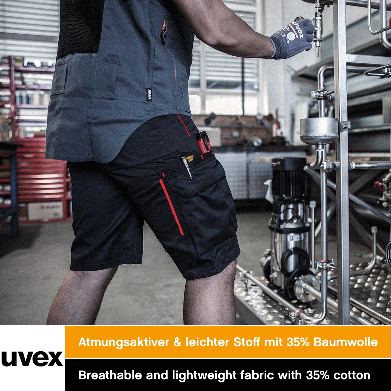 Męskie spodnie robocze uvex tune-up krótkie - Męskie spodnie cargo do pracy - Szorty z wieloma kieszeniami i 35% bawełny - Czarno-czerwone - 42