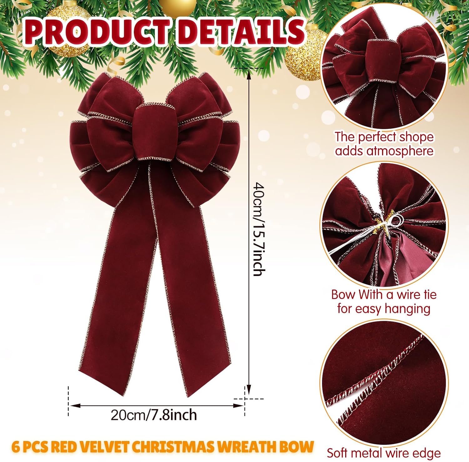 Suncalla 6 Pcs Burgundy Bows 8" x 16" for Christmas Tree, Large Christmas Velvet Bows with Gold Border Waterproof Indoor Outdoor Xmas Tree Elegance Craft for Garland Swags Lantern Outdoor Craft Decor