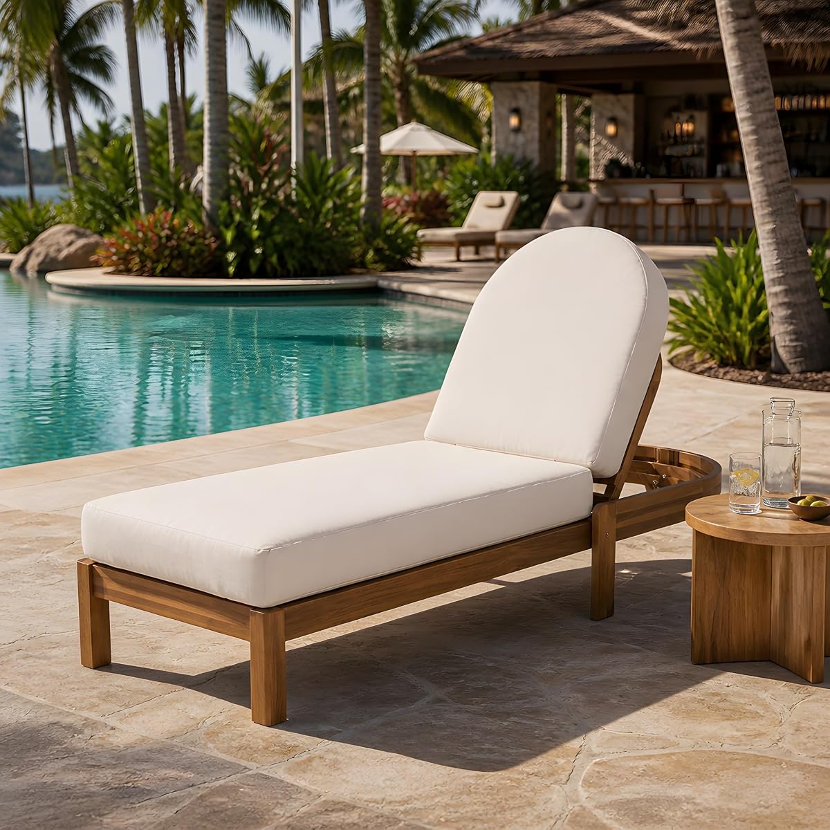 Christopher Knight Home Marol Tumbona de madera de acacia para exteriores, respaldo ajustable, tumbona reclinable, tumbona para patio al aire libre con cojín de 6.9 pulgadas de grosor para patio trasero/piscina, teca+beige