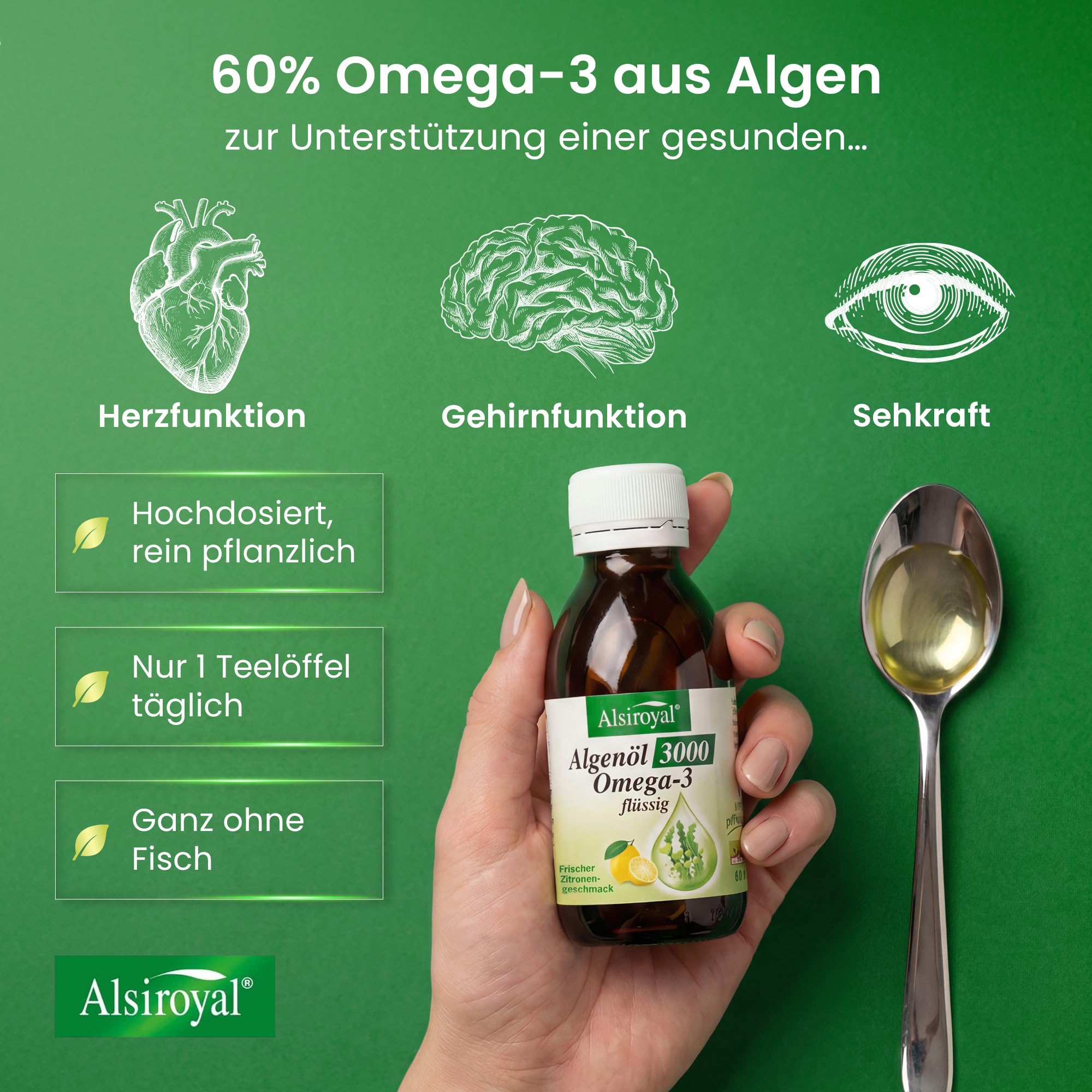 Alsiroyal Algenöl 3000 flüssig 200 ml Vorteilsgröße · 1090mg DHA+610mg EPA | 60% pflanzliches Omega-3 · vegane Alternative zu Fischöl · top Geschmack · stark für Herz, Augen, Gehirn · laborgeprüft
