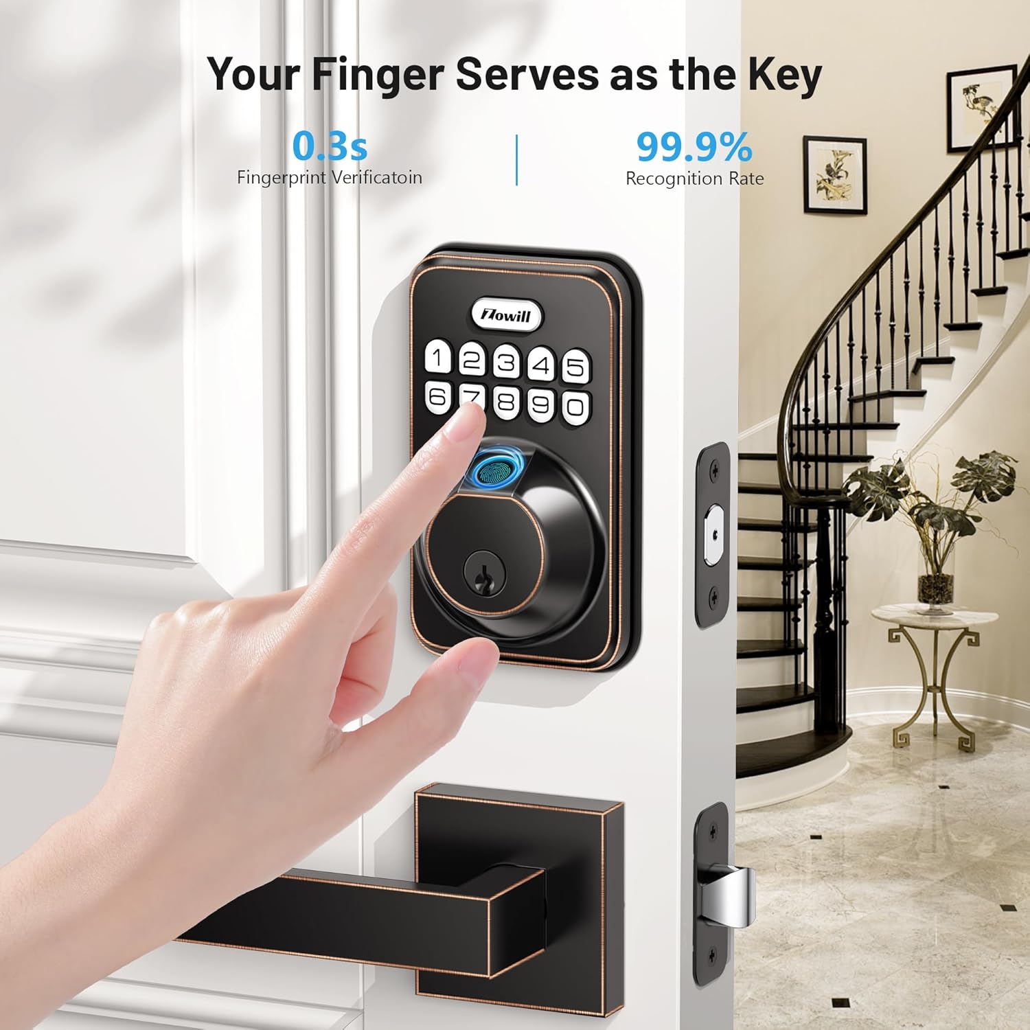 A hand using the fingerprint scanner on the Zowill DK02A-L lock, with text indicating 0.3s verification and 99.9% recognition rate.