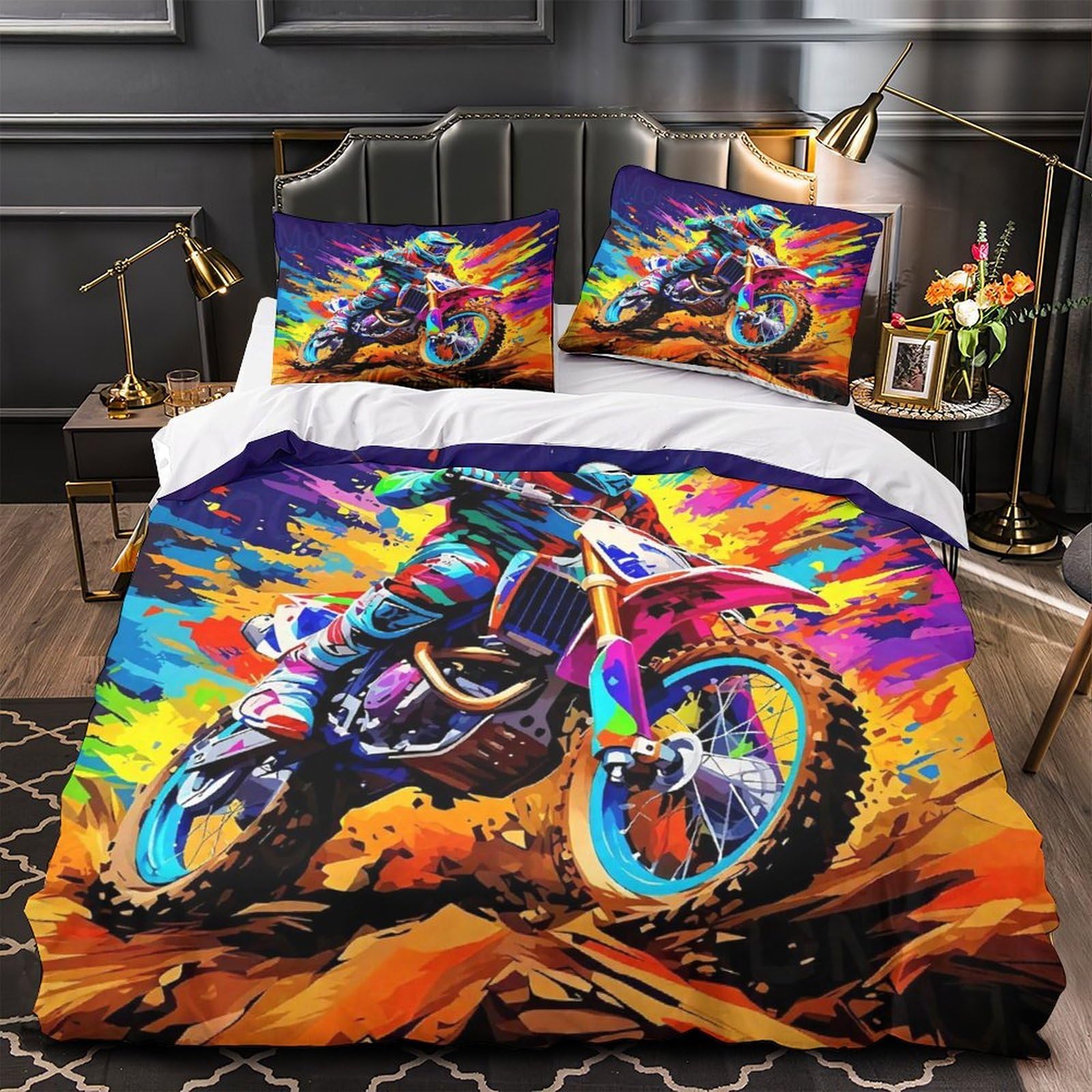 Housse de couette moto off-road 260x220 cm avec taies d'oreiller sport 3D