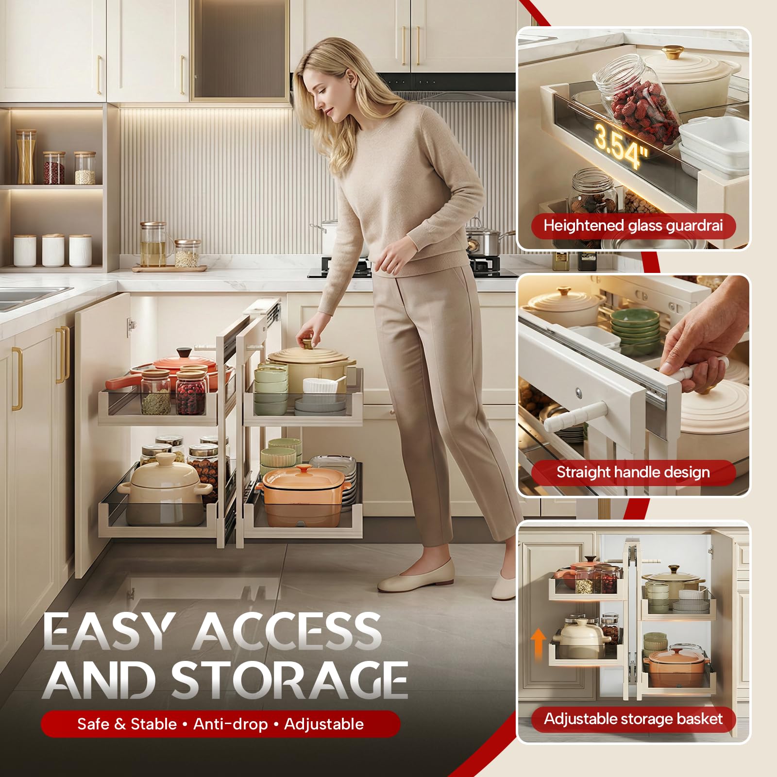 Organiseur extractible à 2 niveaux pour armoires d'angle aveugles - Solution de rangement de cuisine (blanc, convient pour une ouverture de porte minimale de 33 cm/66 cm + armoires)