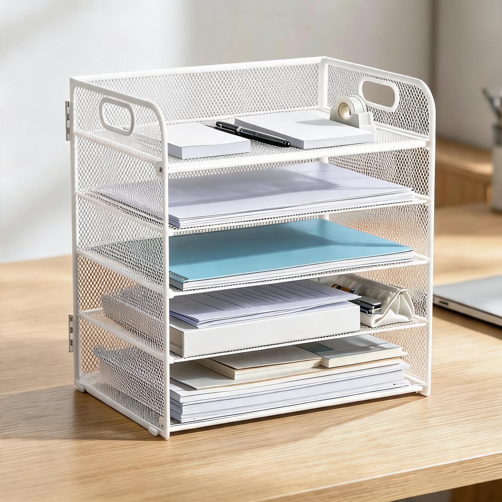AMUSEBY Mesh Letter Tray Organiser, 5 Tier Paper Organizer, White