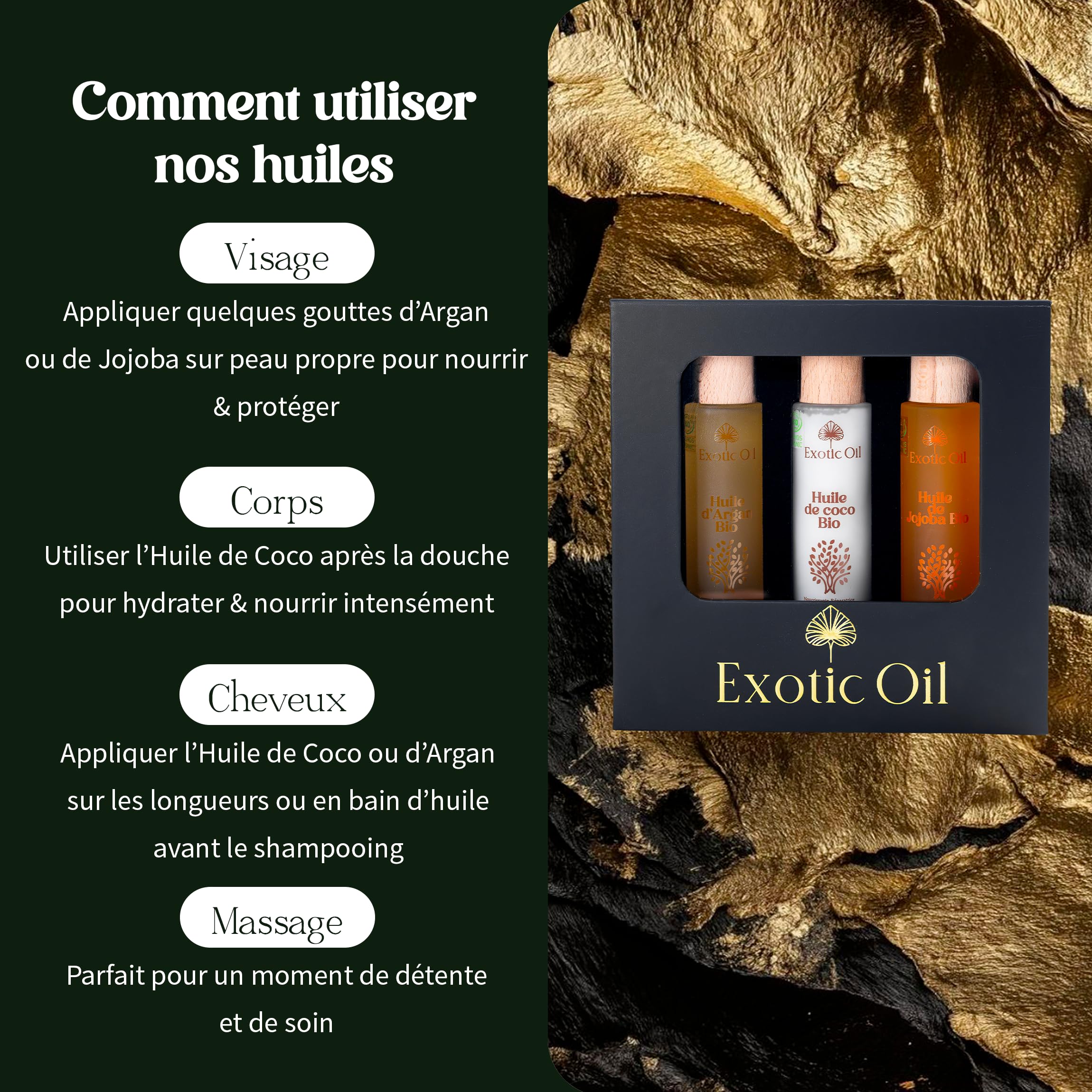 Coffret Cadeau Femme Bio – 3 Huiles Végétales Certifiées COSMOS ORGANIC – Argan, Coco, Jojoba Golden – Soin Visage Corps Cheveux – Pressées à Froid – 3 x 50 ml