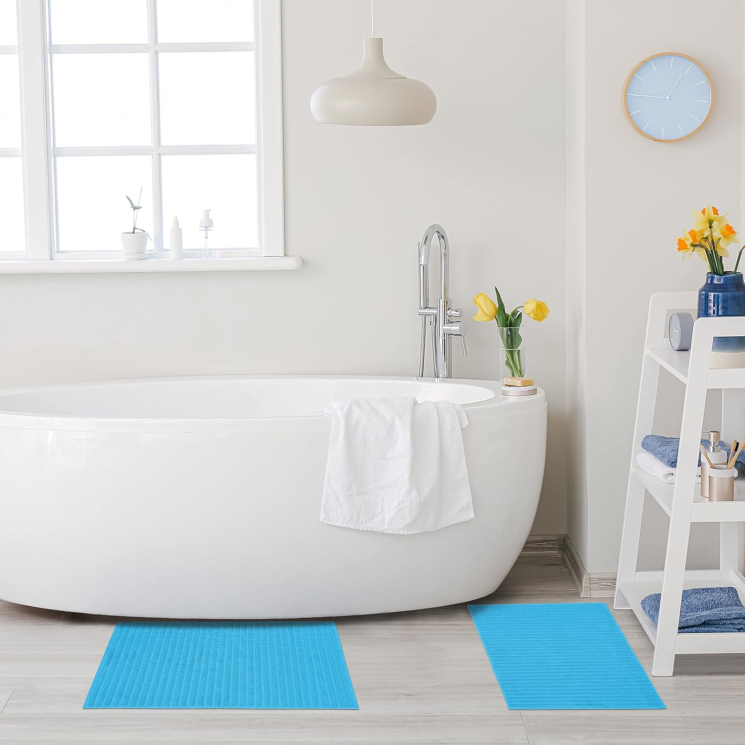 Superior Striped Bath Mat 2-Pack, 100% Combed Cotton, Luxury Spa Ribbed Texture, Durable and Washable Bathroom Mats - Aster Blue, 22" x 35" each image 2