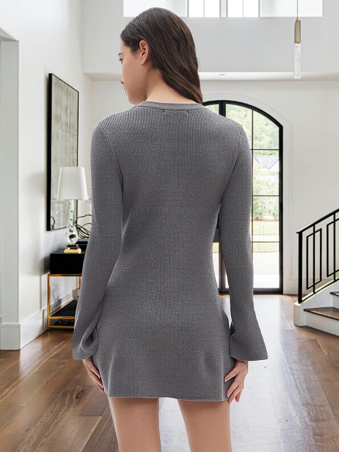 Women Spring Fall Winter Casual Sweater Dress Crew Neck Mini A-Line Knit Flare Sleeve Pullover Sweaters Dresses - Image 2