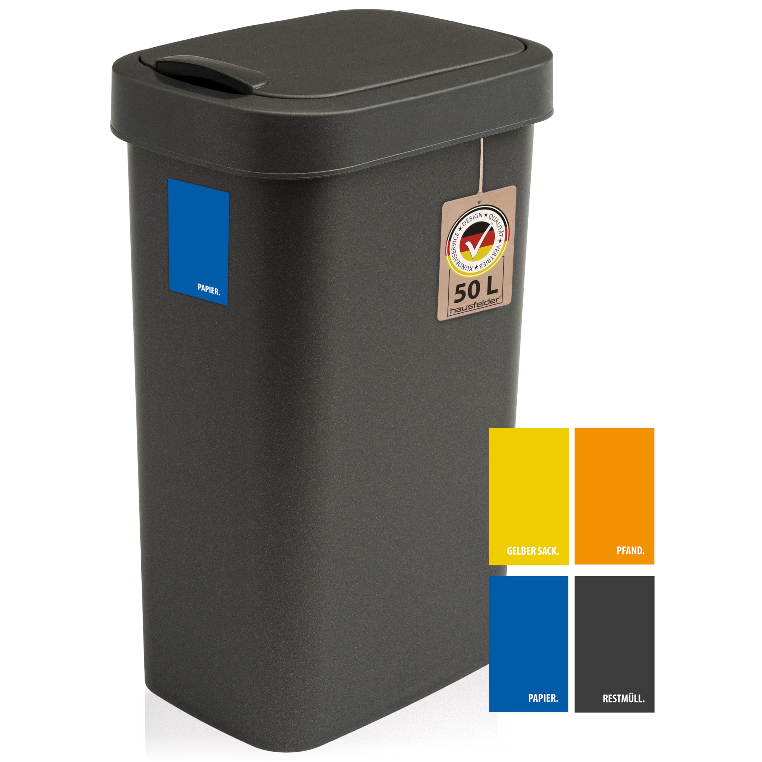 Hausfelder Mülleimer 50l groß mit Schwingdeckel in schwarz, 50 Liter Abfalleimer Küche schmal, Tonne für Restmüll Recycling gelber Sack, Mülltonne rechteckig 30x40x58cm