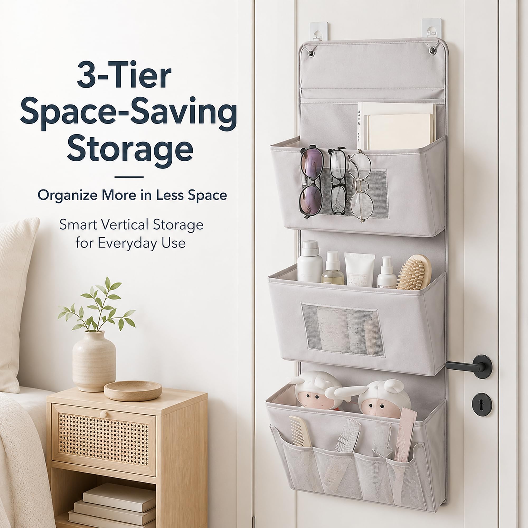 Organizer da appendere a 3 strati, 40 x 90 cm, organizer per porta senza fori, per bagno e guardaroba, organizer da parete pieghevole in tessuto Oxford con 3 tasche, 2 ganci, portaoggetti