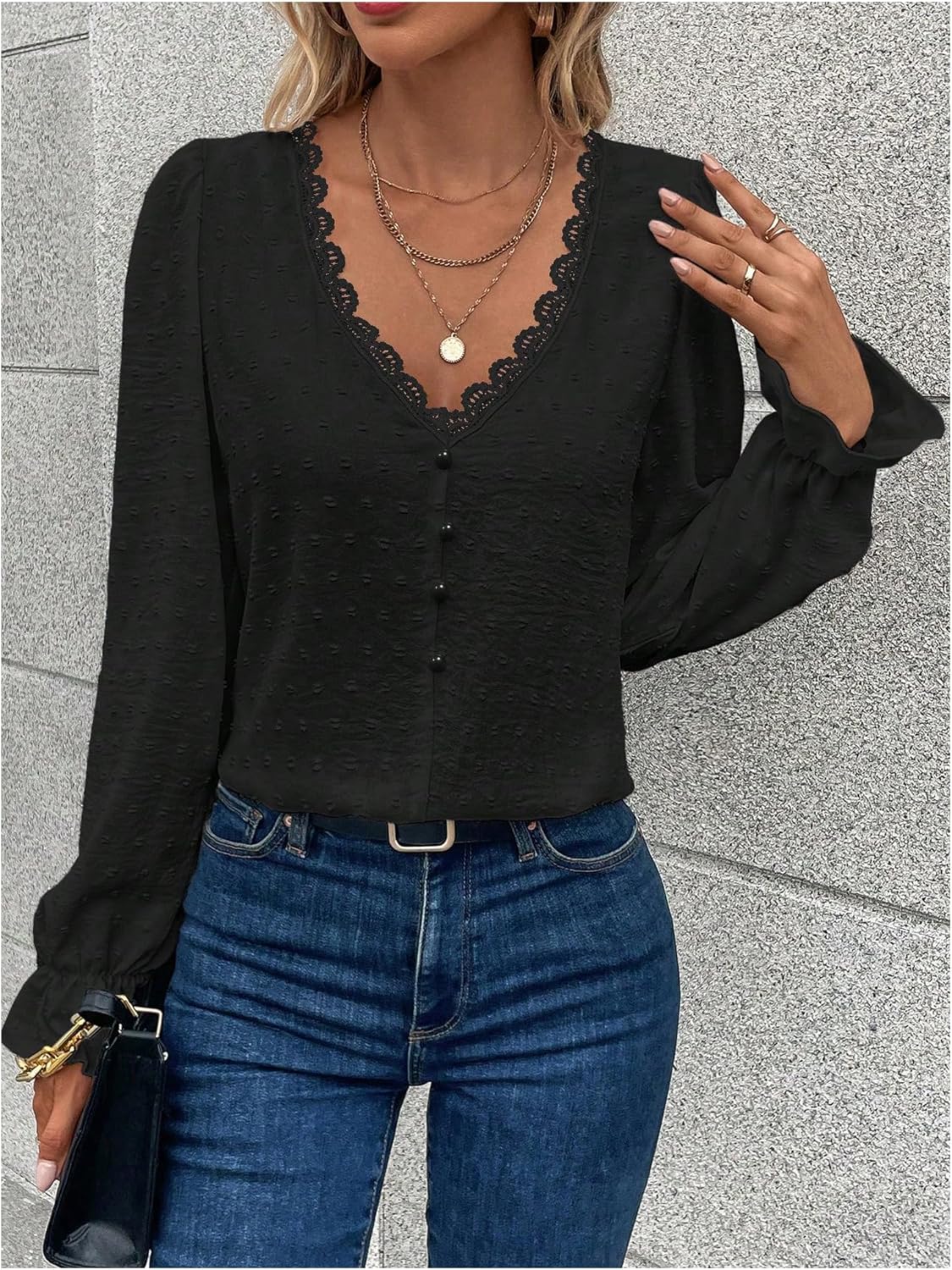 WDIRARA Women's Swiss Dots Lace Trim Blouse V Neck Long Sleeve Top - Image 3