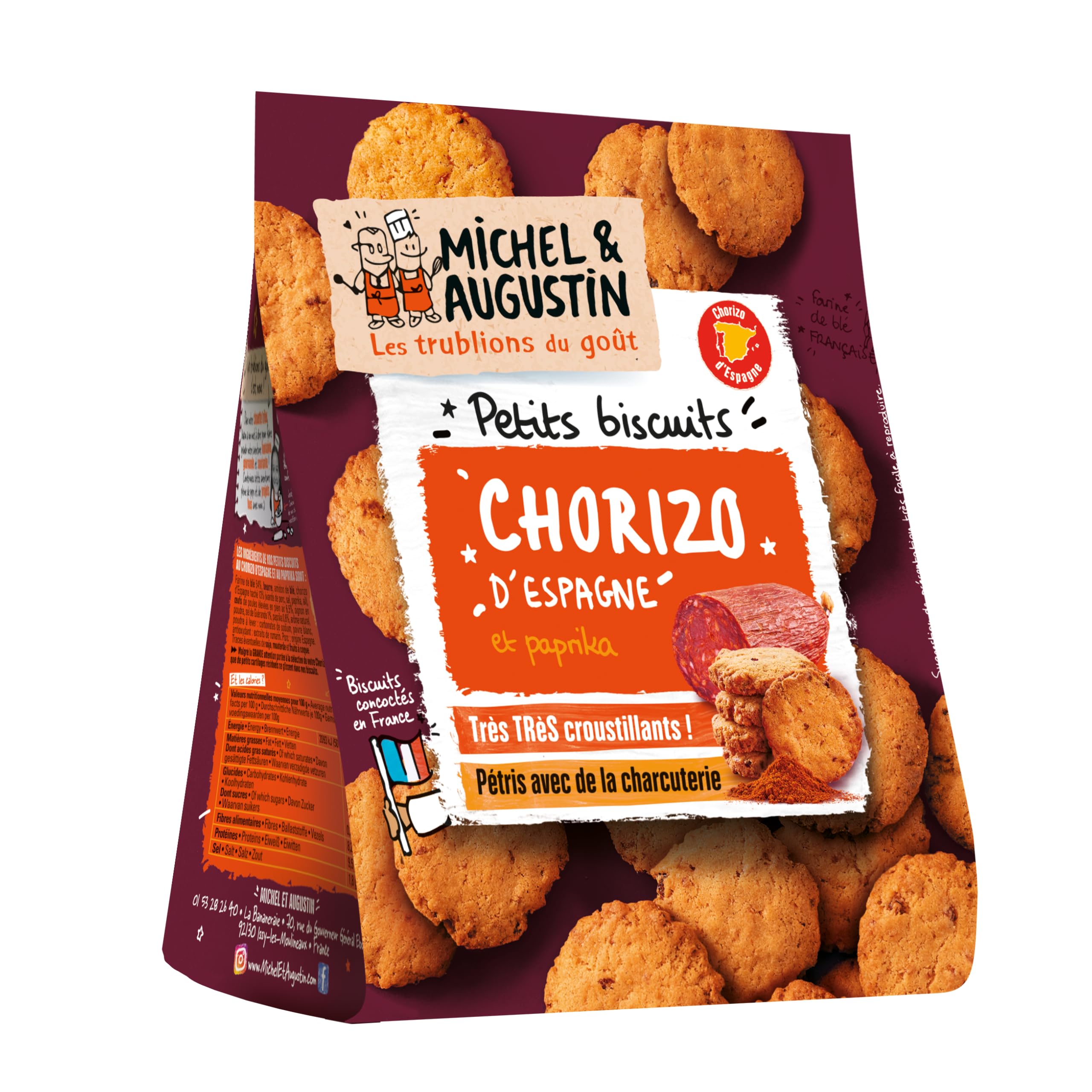Michel & Augustin - Biscuits Apéritifs au Chorizo d'Espagne et au Paprika - Petits Biscuits Salés à la Charcuterie - 8 x 90g