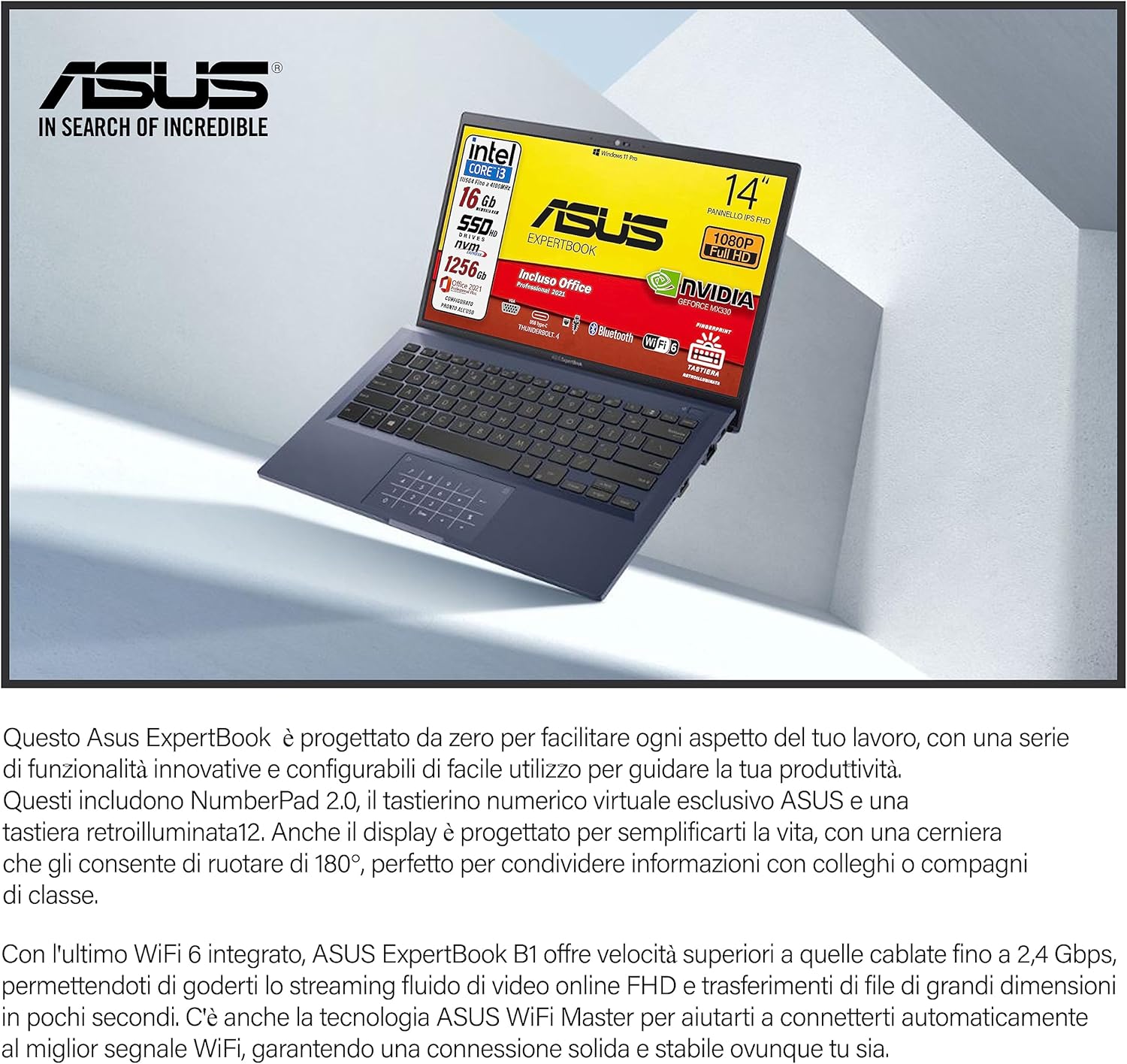ASUS Notebook, ultraleggero,14 FHD, Intel Core i3, 16 Gb RAM, Svga Nvidia Geforce MX 330, SSHD da 1256 Gb, TASTIERA RETROILLUMINATA FINGEPRINT, Win 11Pro, Suite Office, Garanzia Italia