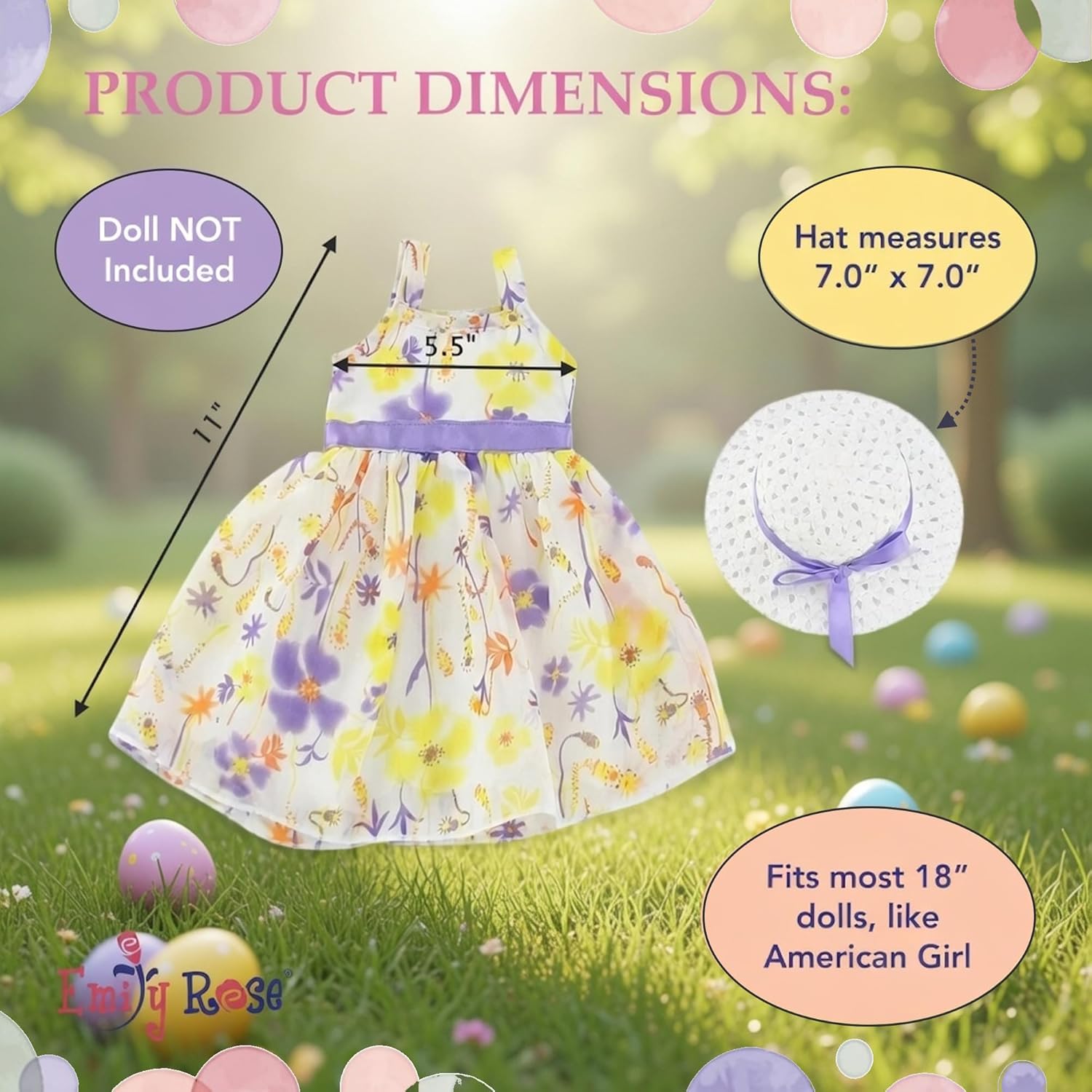 Emily Rose 18 Inch Doll Easter Spring Dress with Hat Chiffon Floral Sundress Outfit – Summer Dress & Matching Hat – Doll NOT Included – Fits American Girl Our Generation