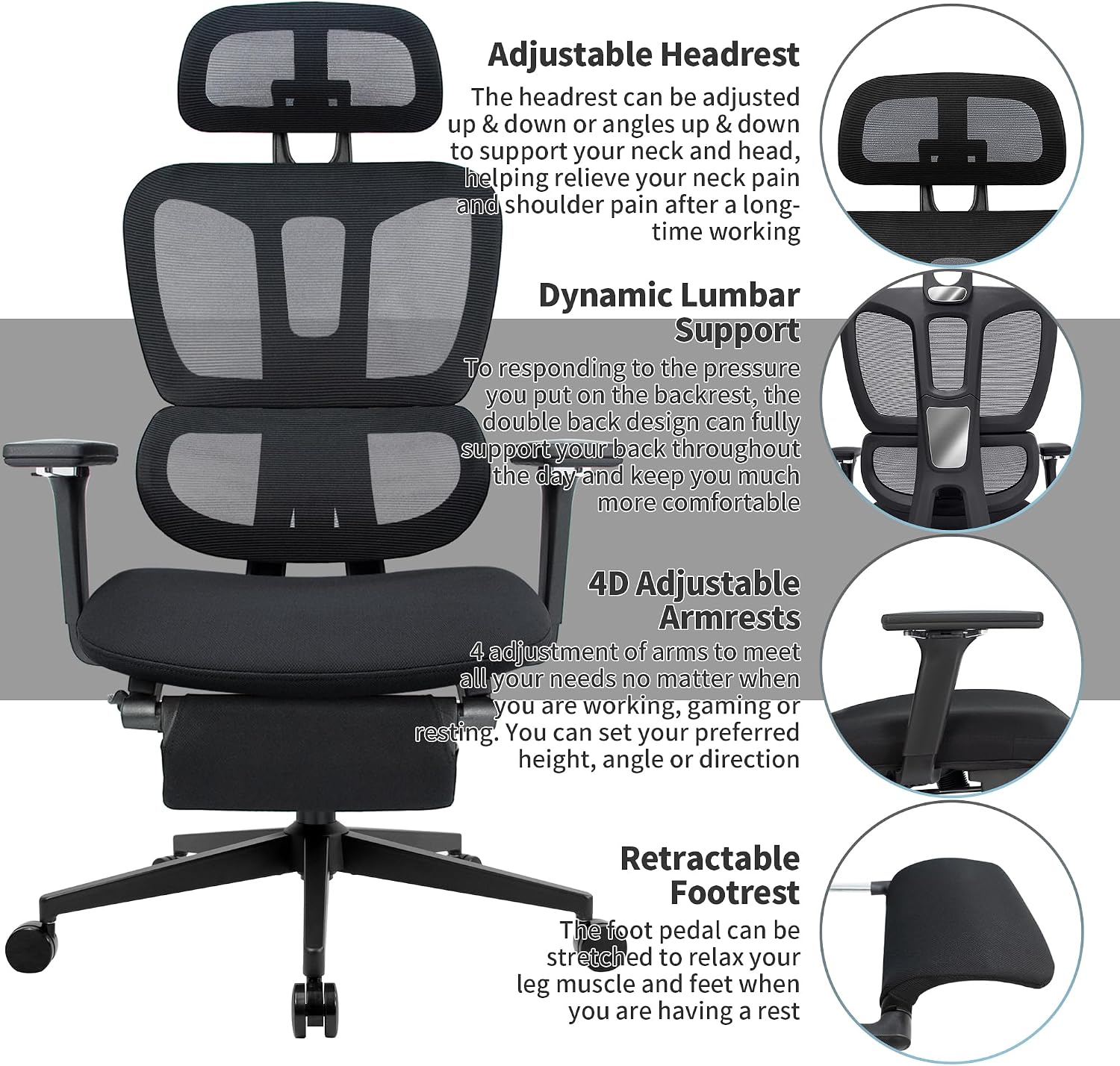 Ergonomic Office Chair with Footrest, 90-135° Reclining High Back Desk Chair with Lumbar Support, 2D Headrest, 4D Armrests, Computer Chair for Long Hours, Black