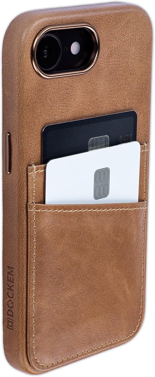 Dockem Genuine Leather Card Case for iPhone 17e, iPhone 16e, Stitched-on Wallet with 2 Holder Slots (Brown, M2GL)